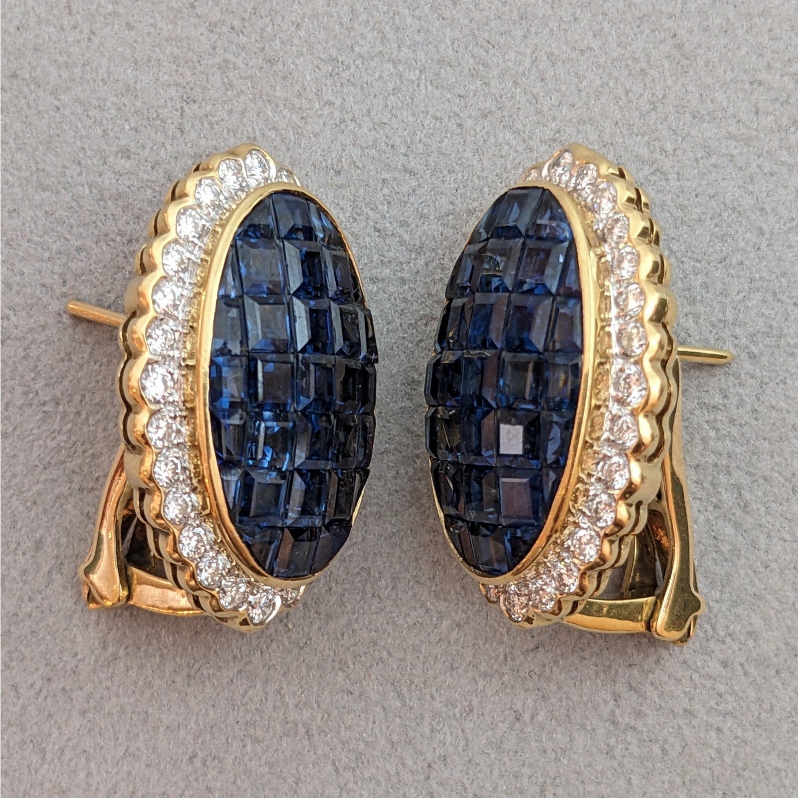 Mystery Invisible Set Sapphire and Diamond Earrings in 18k Yellow Gold
