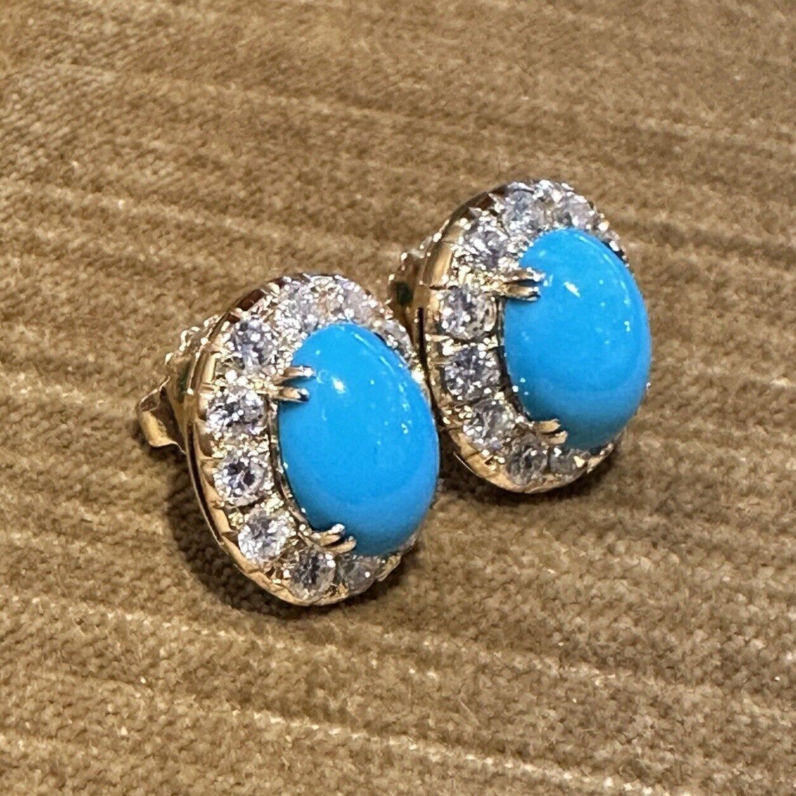 Turquoise and Diamond Halo Button Earrings in 18k Yellow Gold