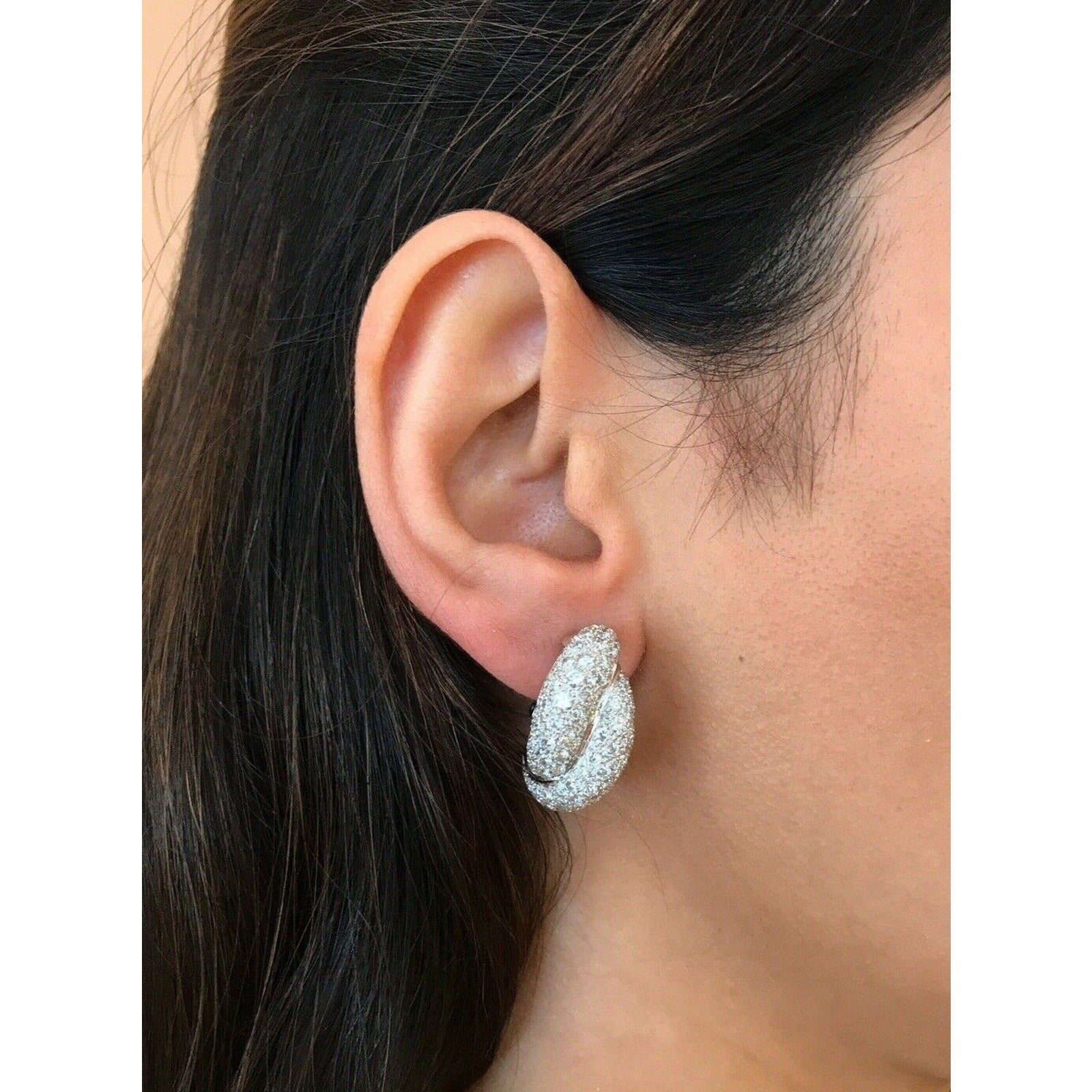 French Pave Diamond Twist Earrings 4.48 ct in 18k White Gold