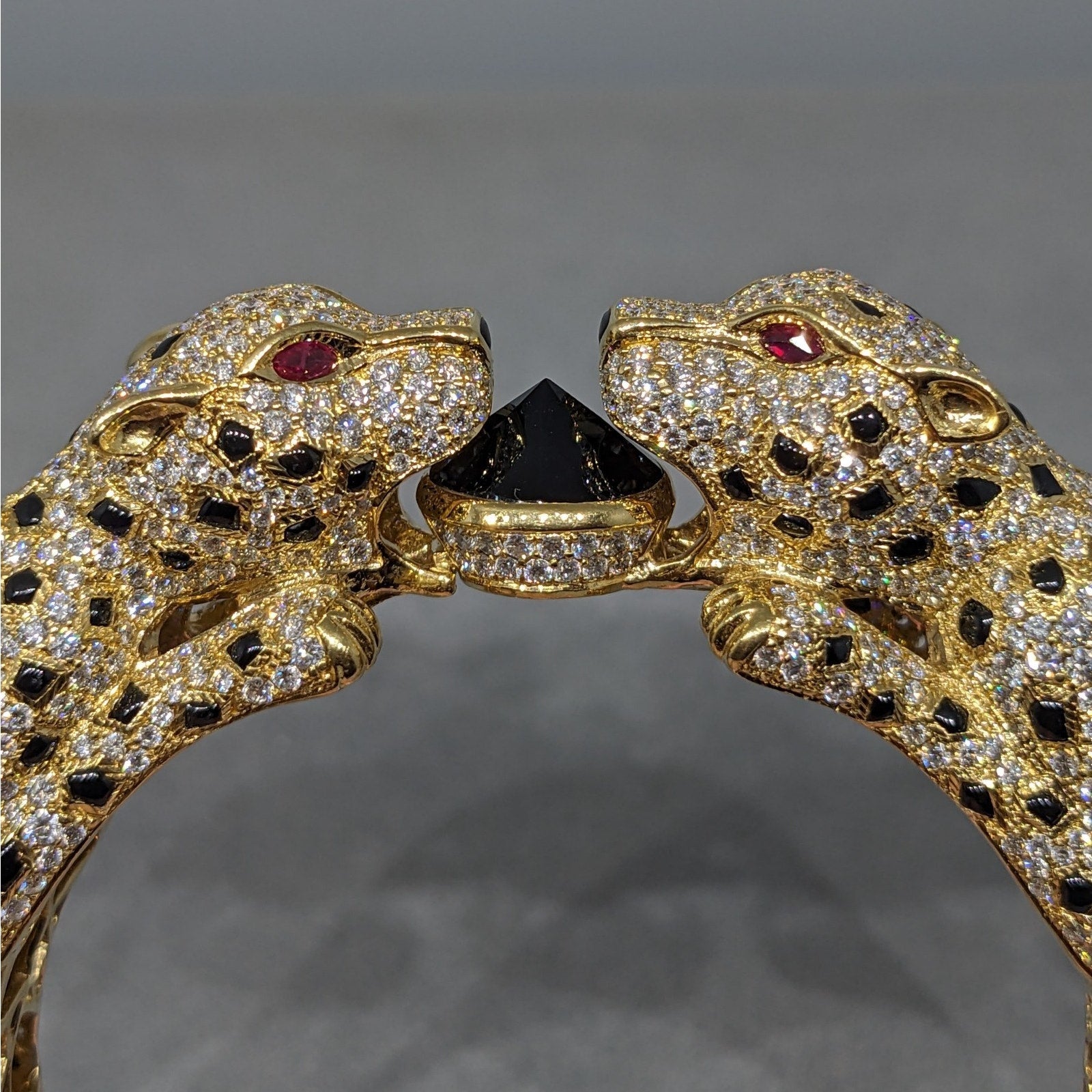 Double Panther Diamond Pave Bangle Bracelet in 18k Yellow Gold