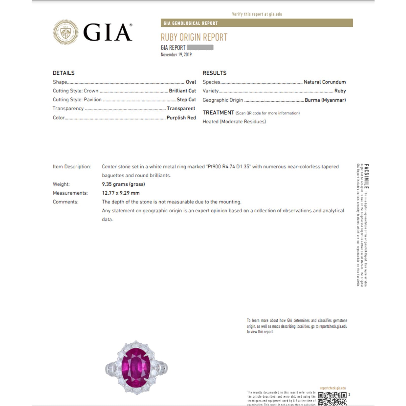 GIA Burma Heated Ruby 4.74 ct Oval in Diamond Platinum Ring - HM2284ZE