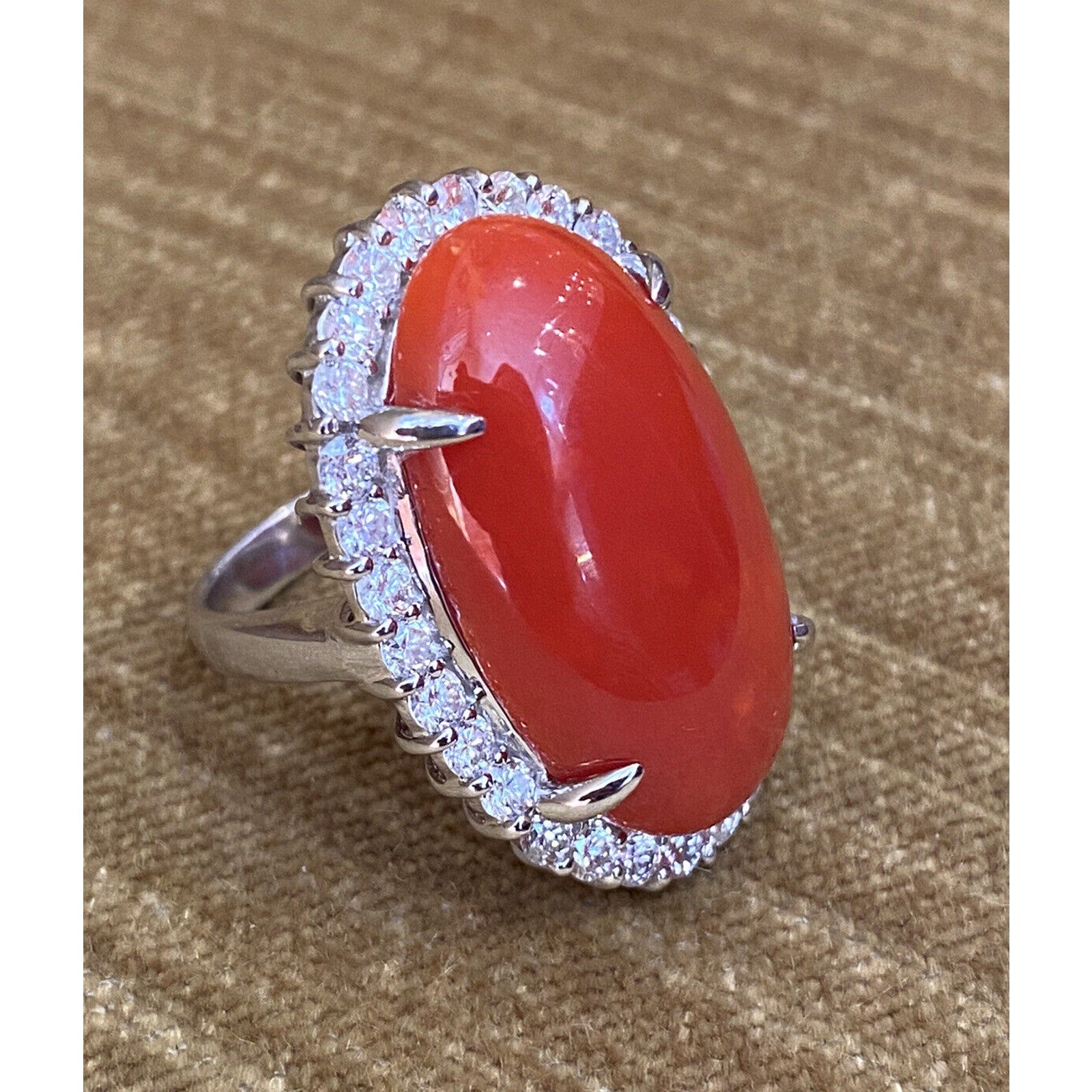 Estate 22.95 cts Red Coral and Diamond Large Cocktail Ring in Platinum