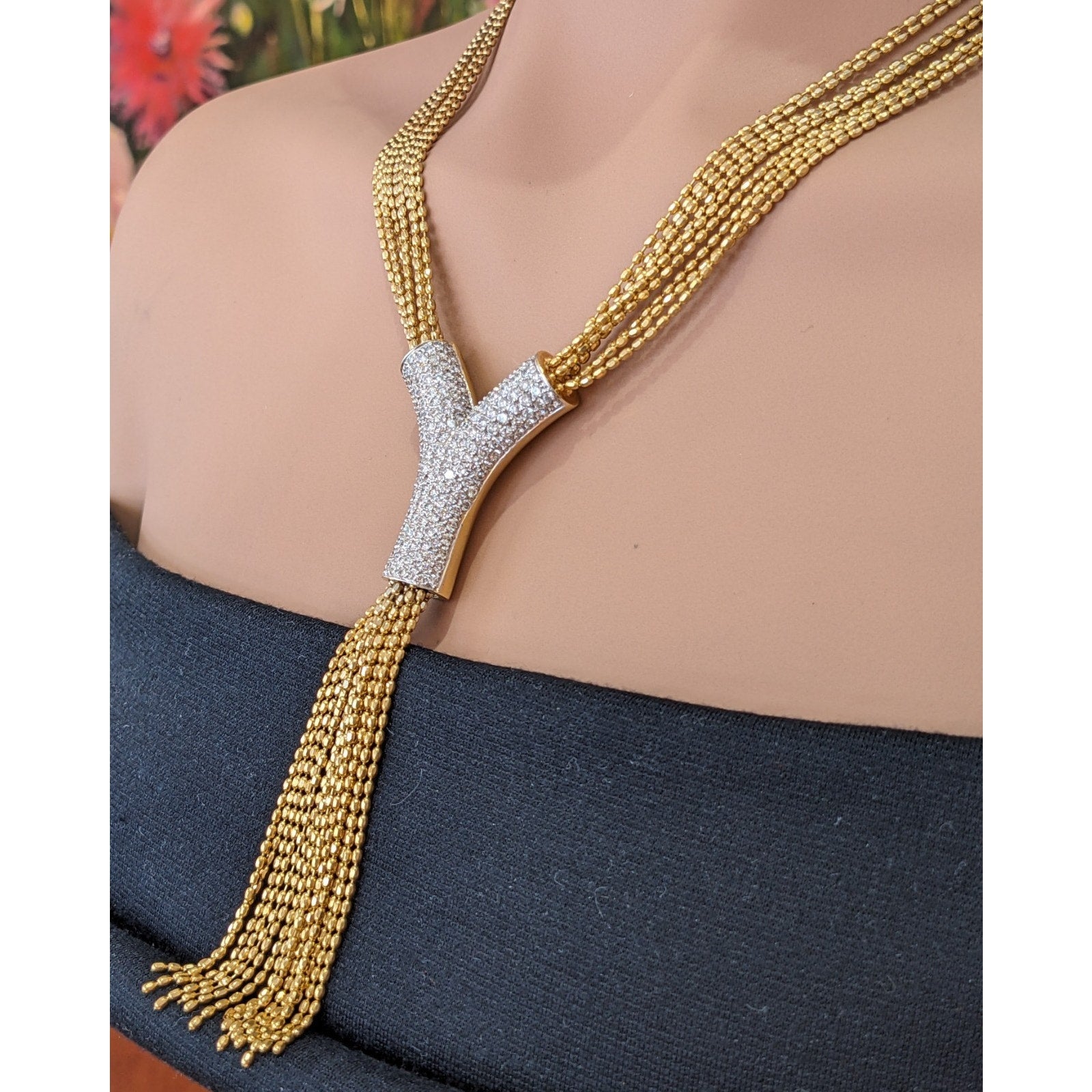 Multistrand Pave Diamond Y Drop Tassel Necklace in 18k Yellow Gold