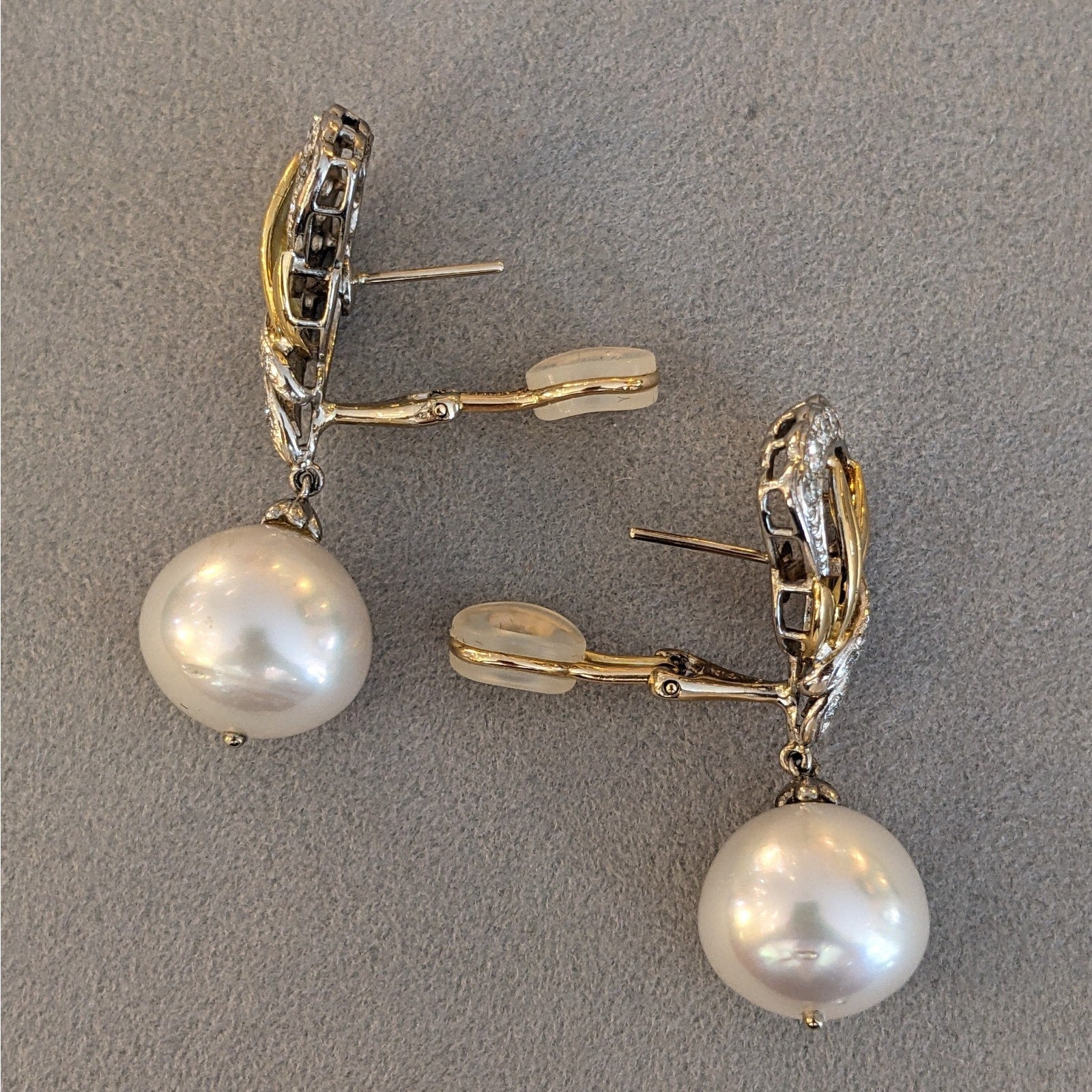 South Sea Pearl and Diamond Dangle Earrings in Gold and Platinum