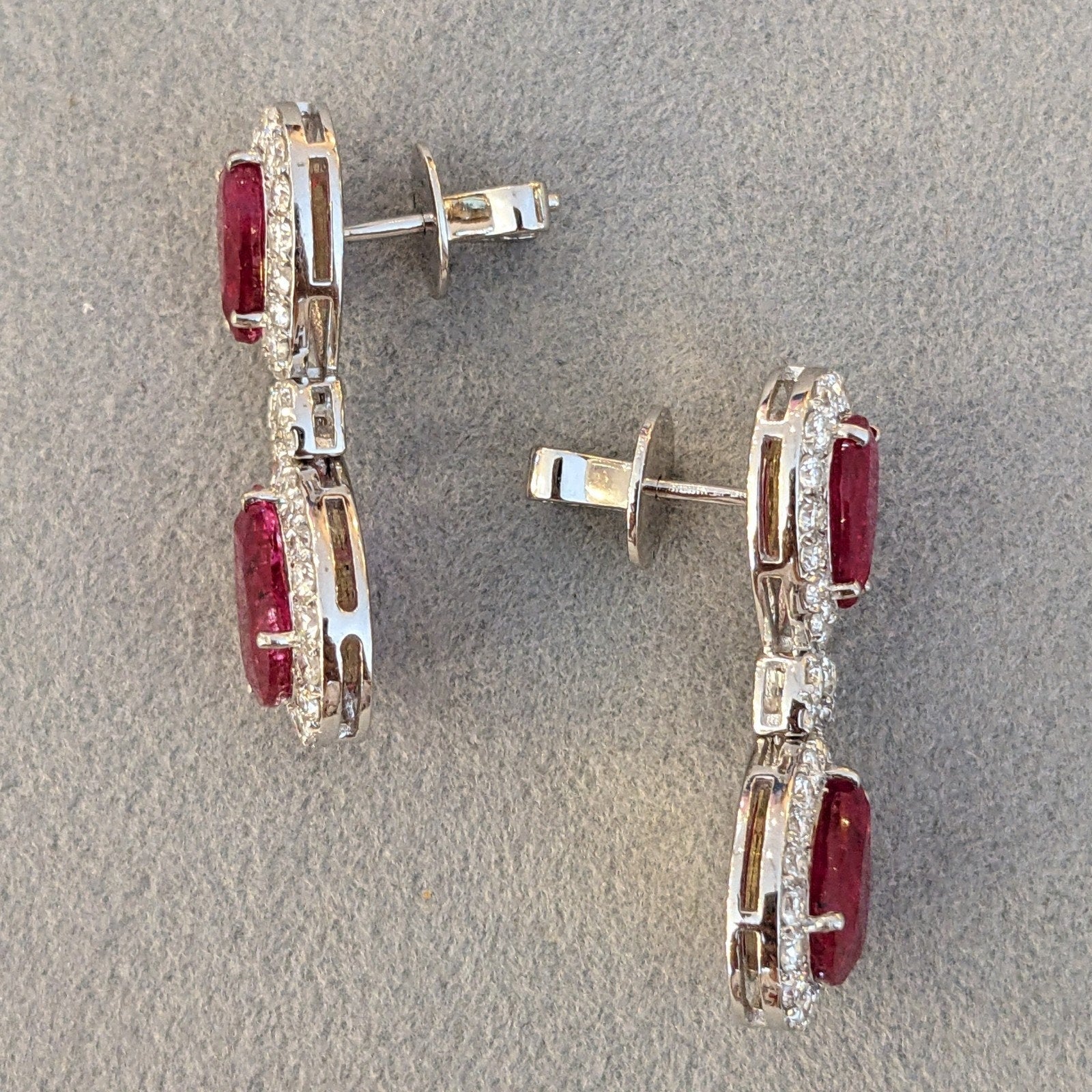 Natural Unheated Ruby and Diamond Drop Earrings in 18k White Gold