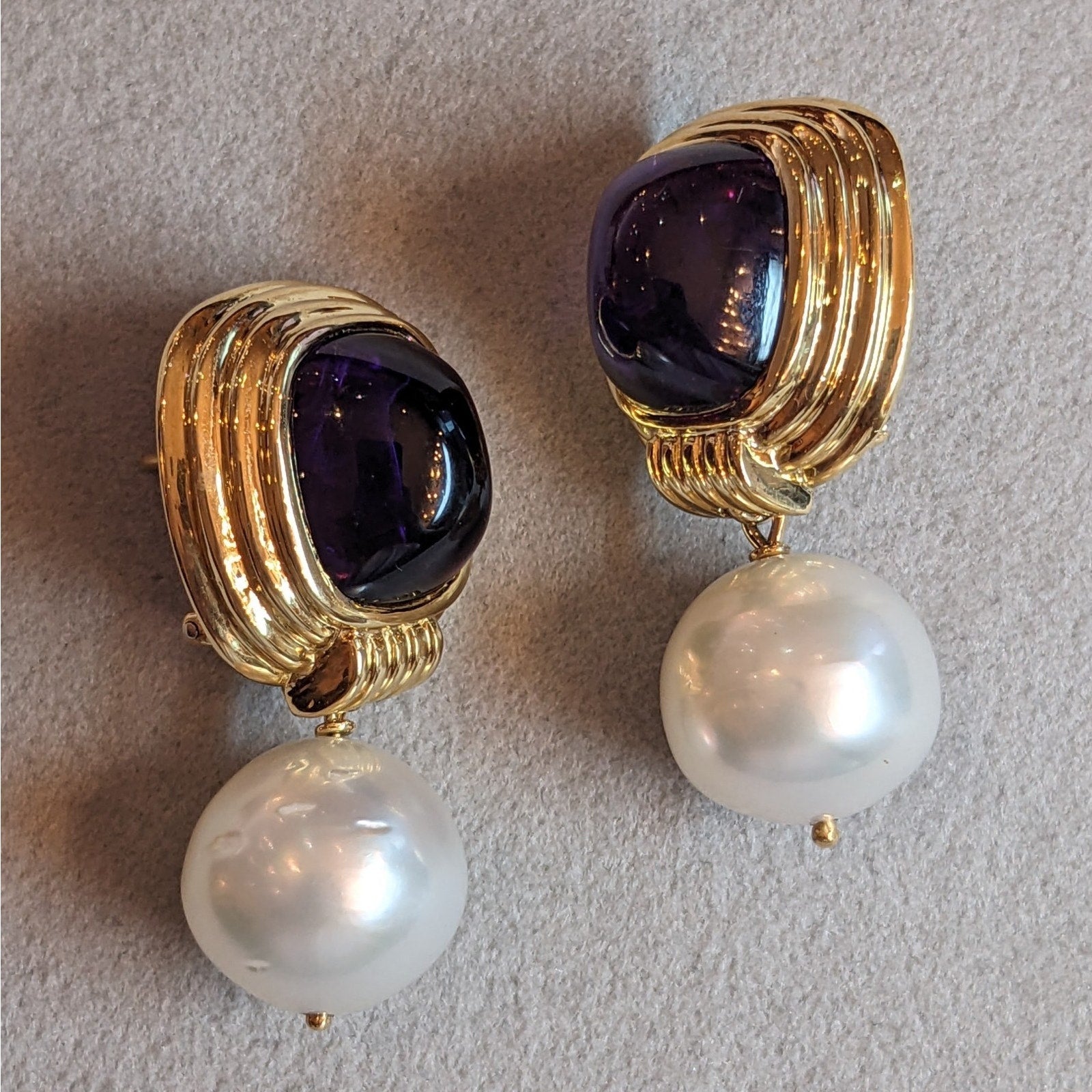 Amethyst and Pearl Dangle Drop Earrings in 18k Yellow Gold