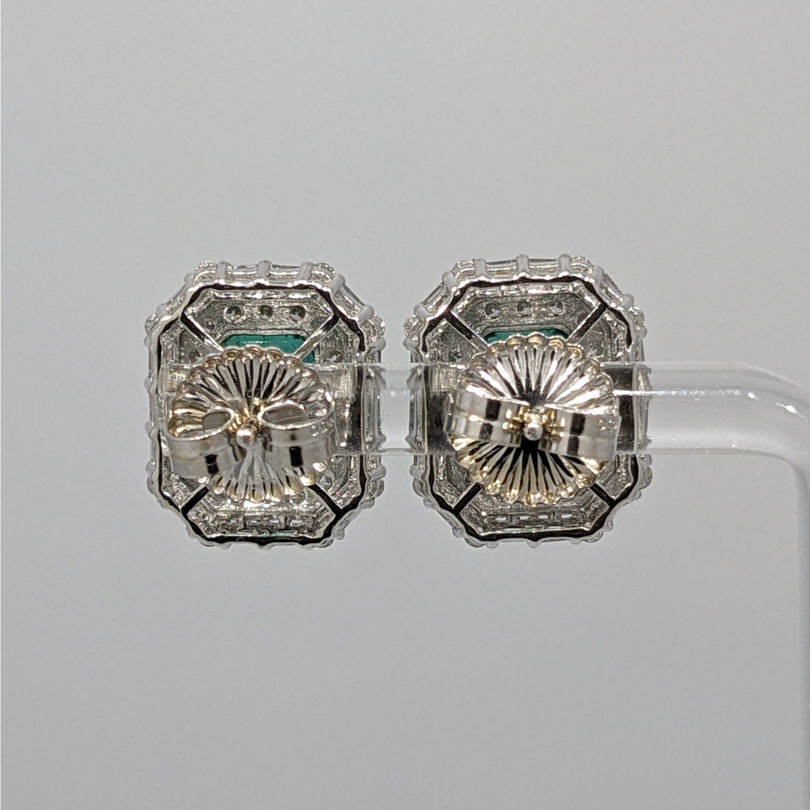 GIA 4.42 ct Emerald Double Halo Diamond Earrings in 18k White Gold
