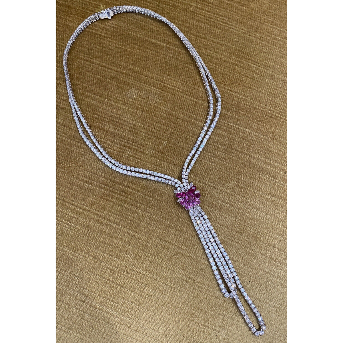 Stefan Hafner Y Diamond Necklace with Pink Sapphires in 18k White Gold