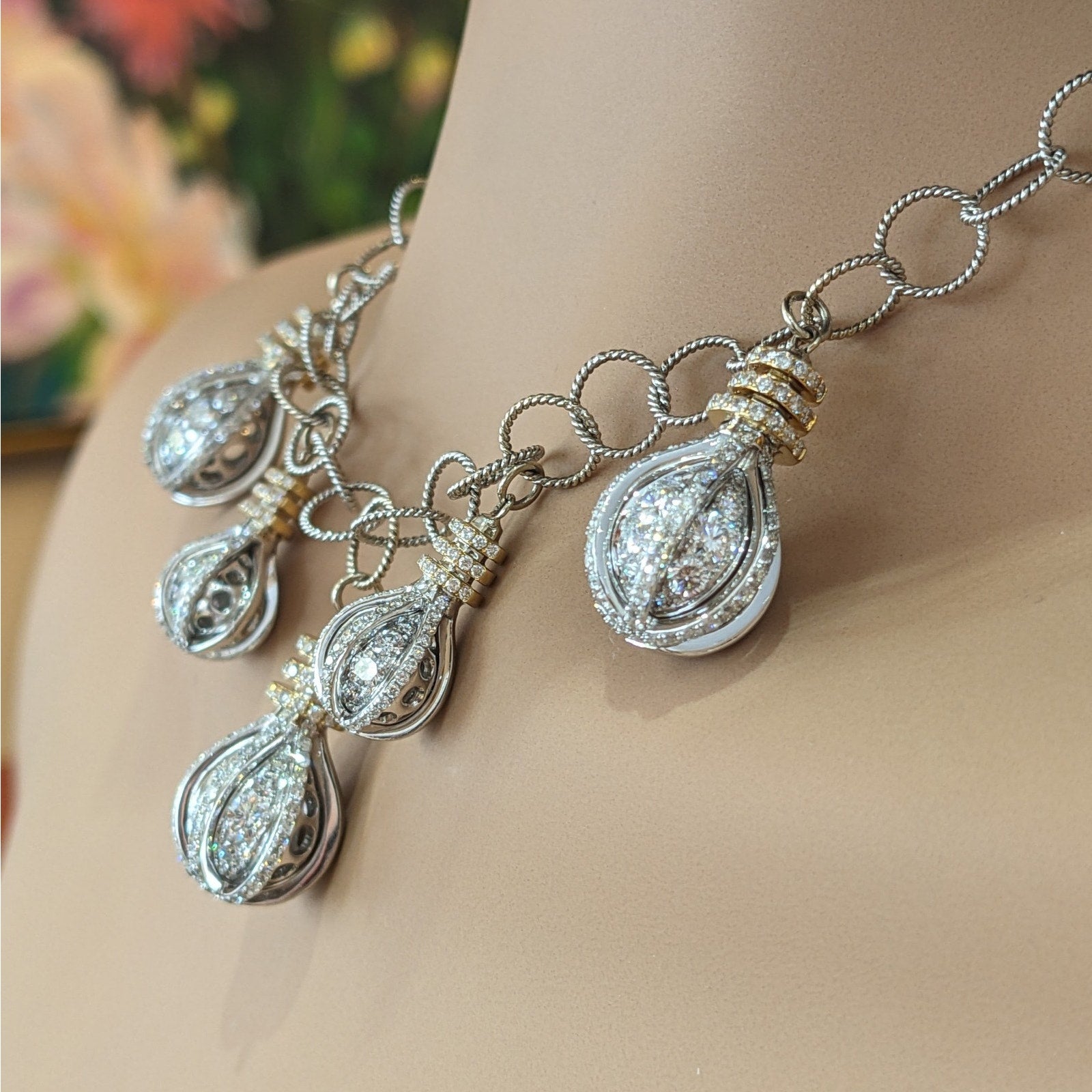 Diamond Hanging Lightbulb Charm Necklace in 18k White and Yellow Gold