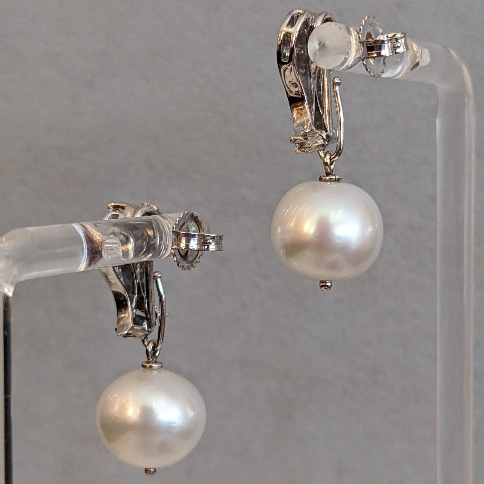 Vintage Diamond Dangle Earrings with Pearl Drop in 14k White Gold