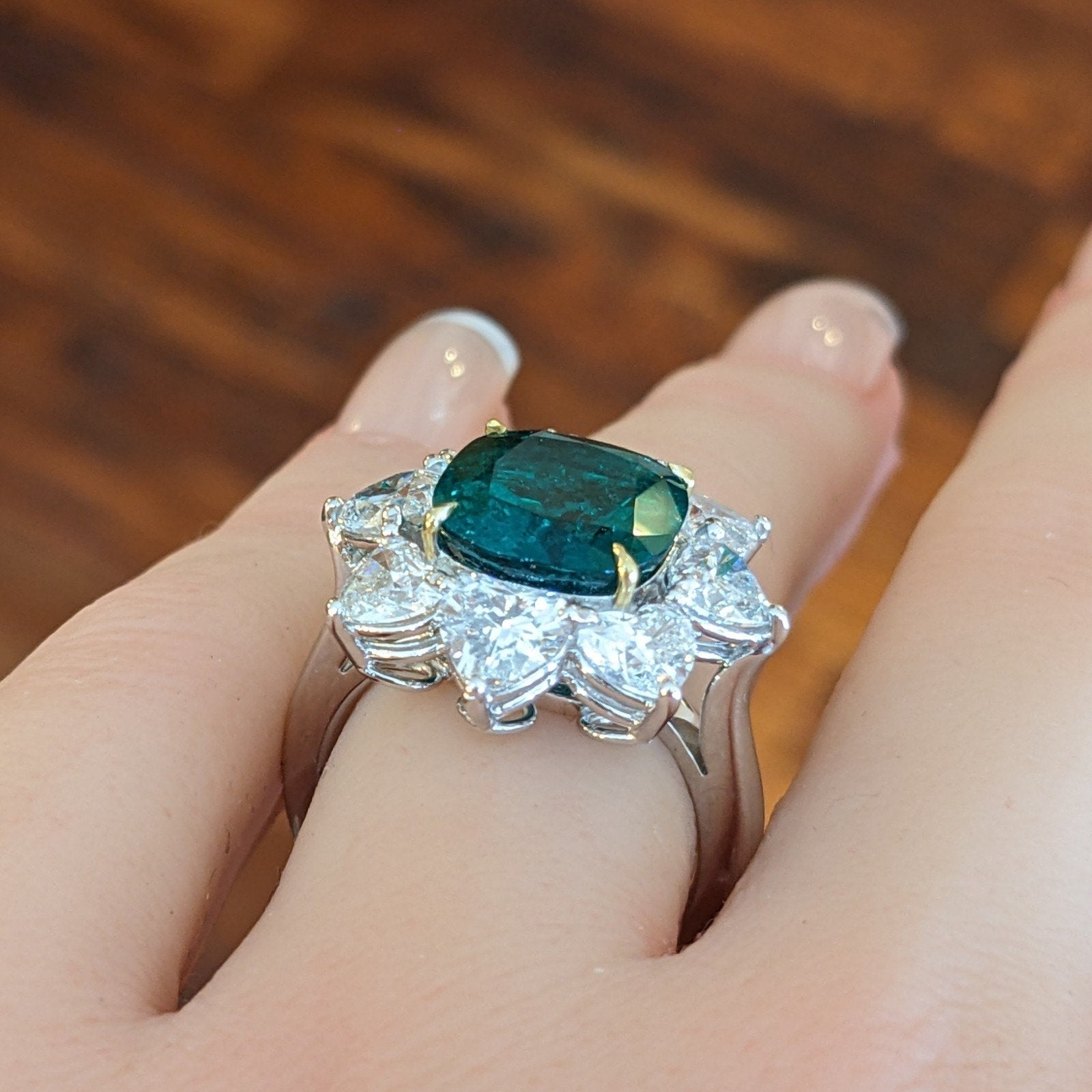 GIA Natural Emerald 4.83 ct with Heart Diamonds Ring in 18k White Gold