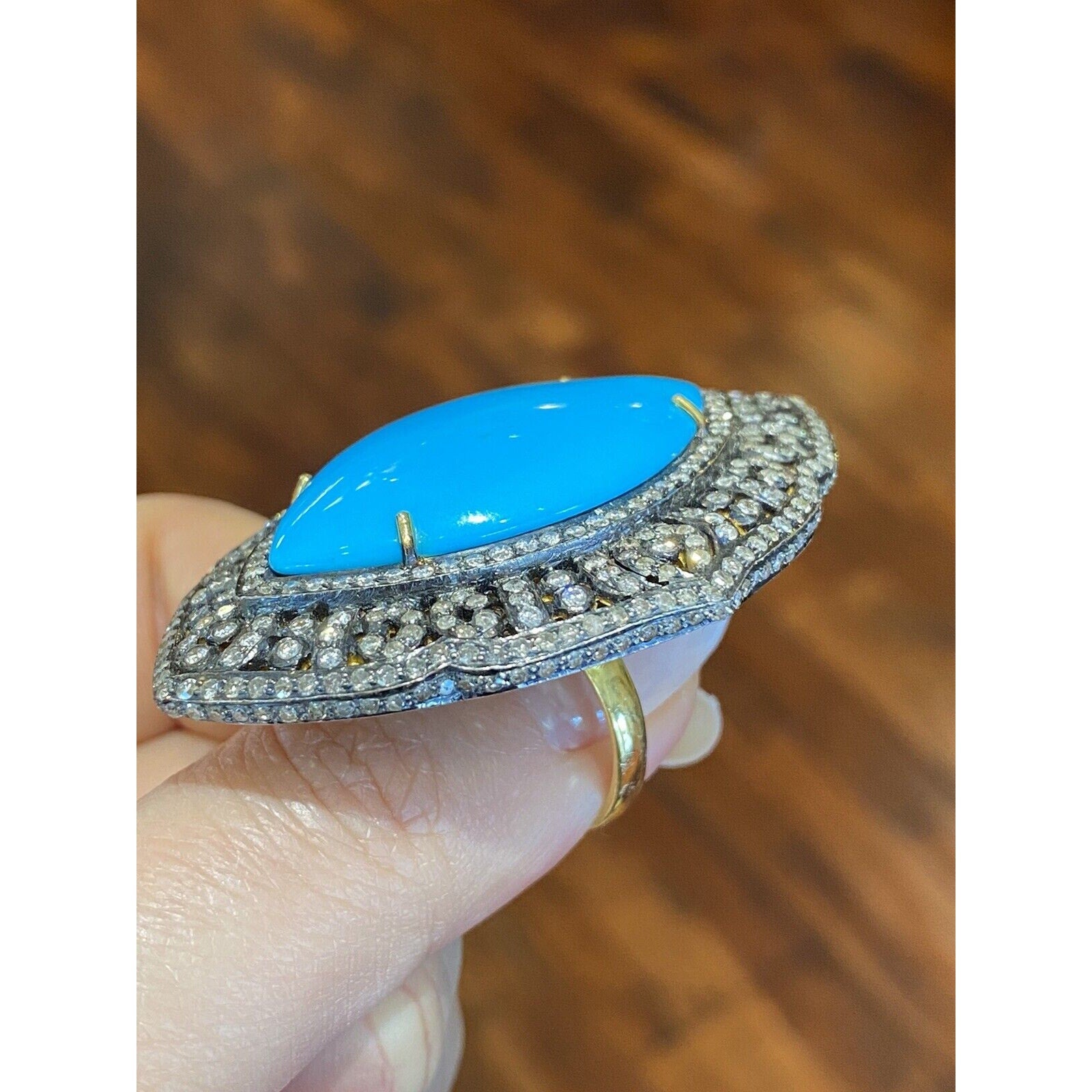 Large Marquise Turquoise and Diamond Ring in 14k and Silver