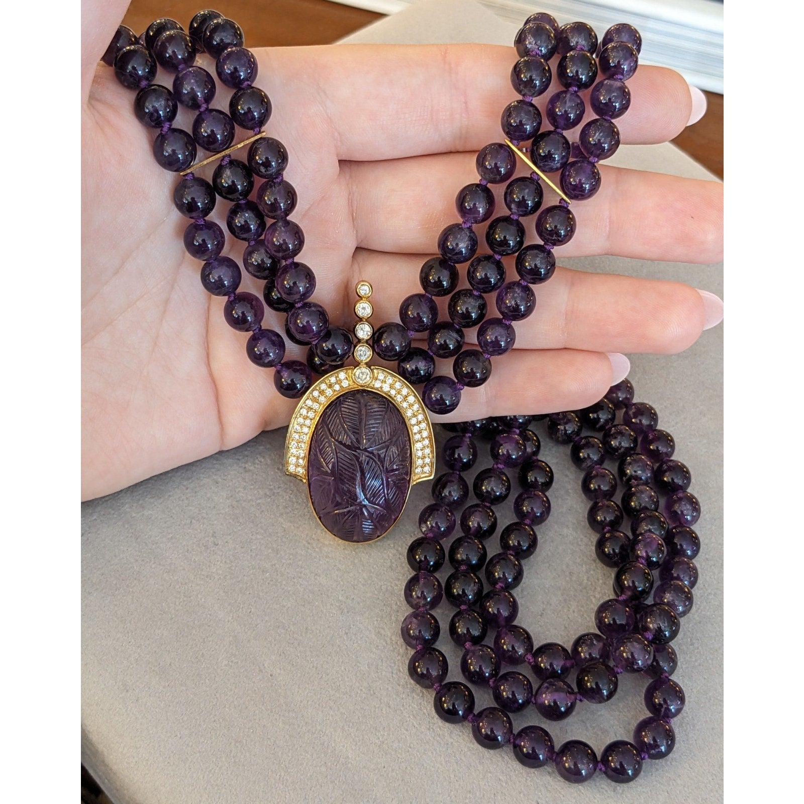 Carved Amethyst and Diamond Pendant Bead Necklace in 18k Yellow Gold