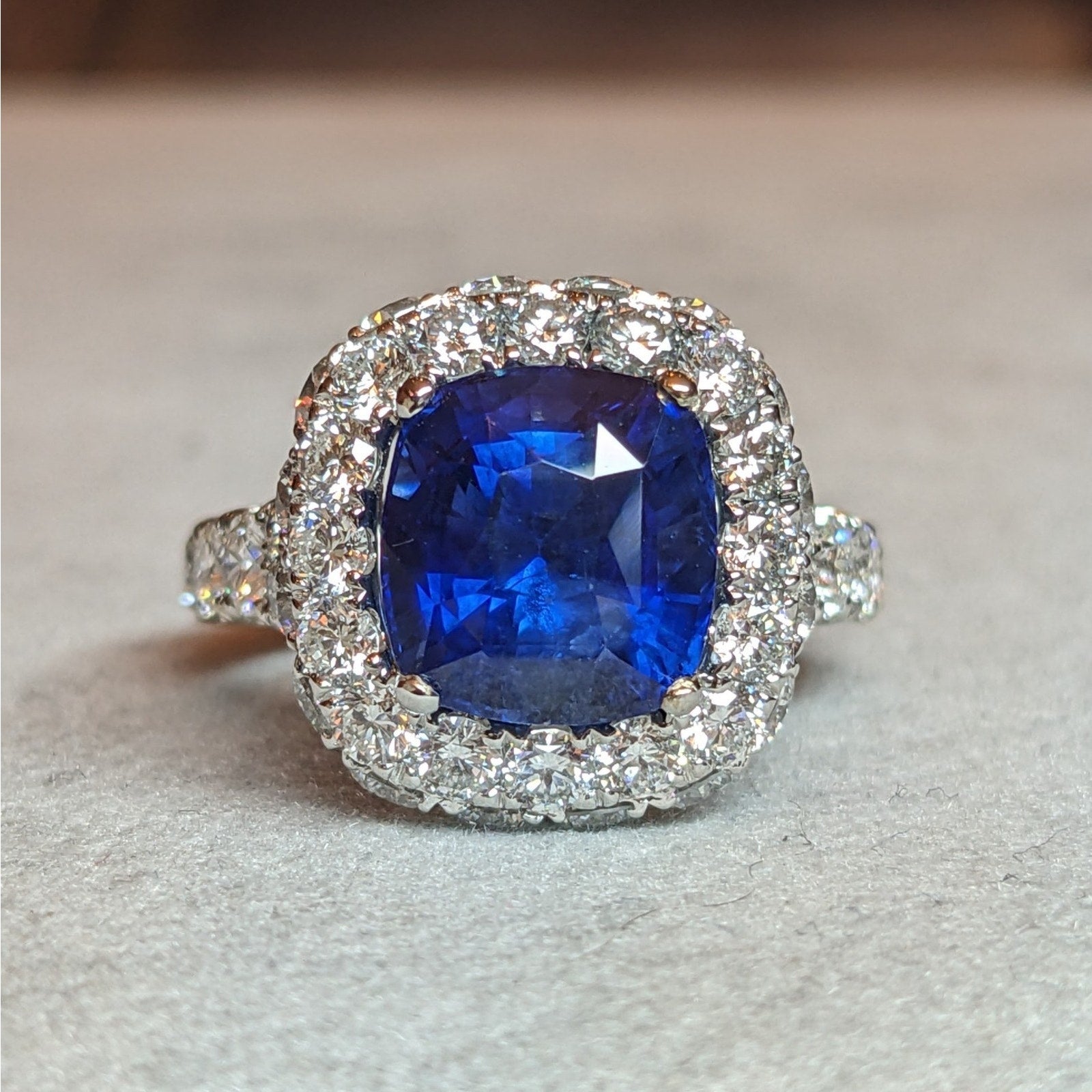 GIA Natural 5.27 ct Cushion Sapphire & Diamond Ring in 18k White Gold - HM2767BR