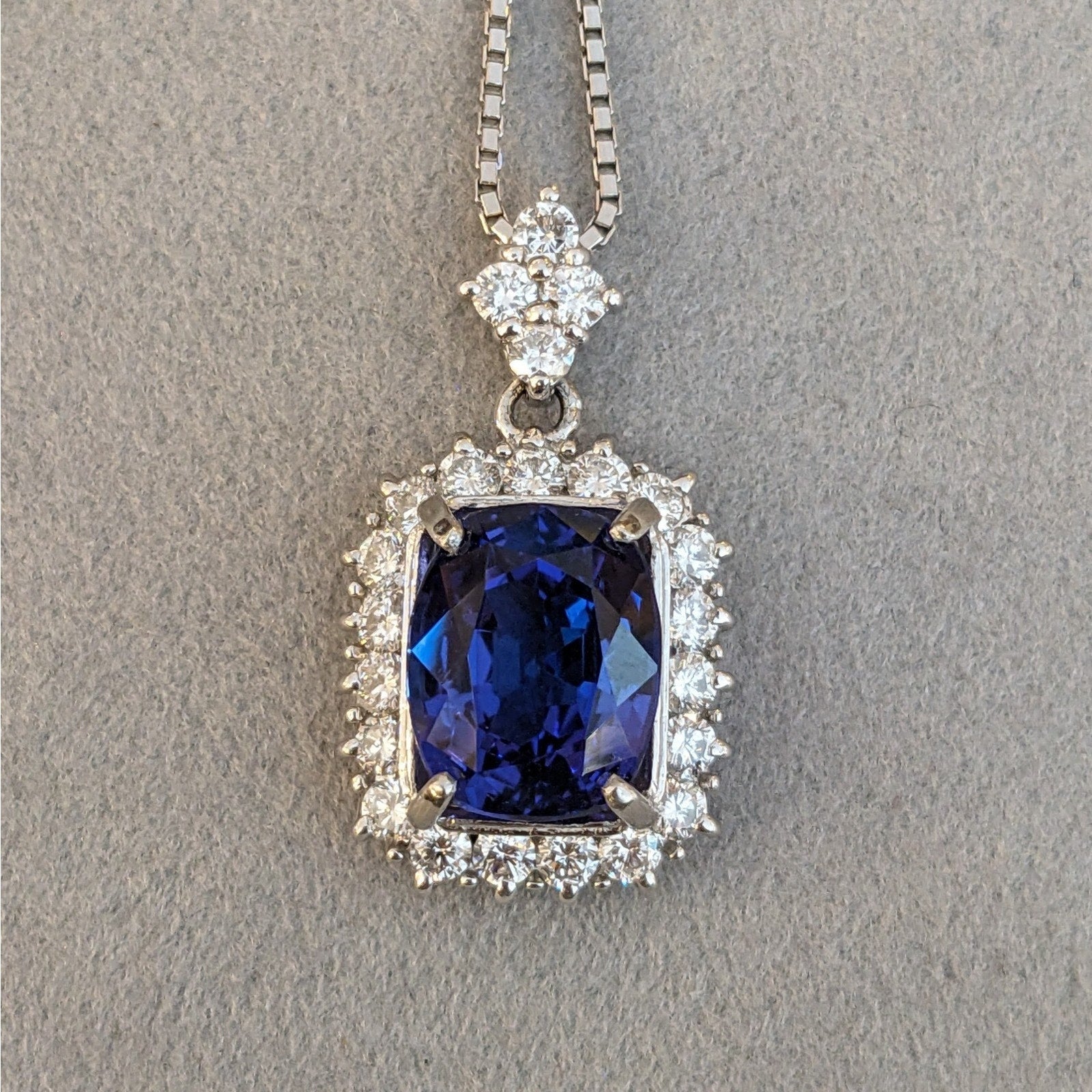 5.70 ct Cushion Tanzanite & Diamond Pendant Necklace in Platinum