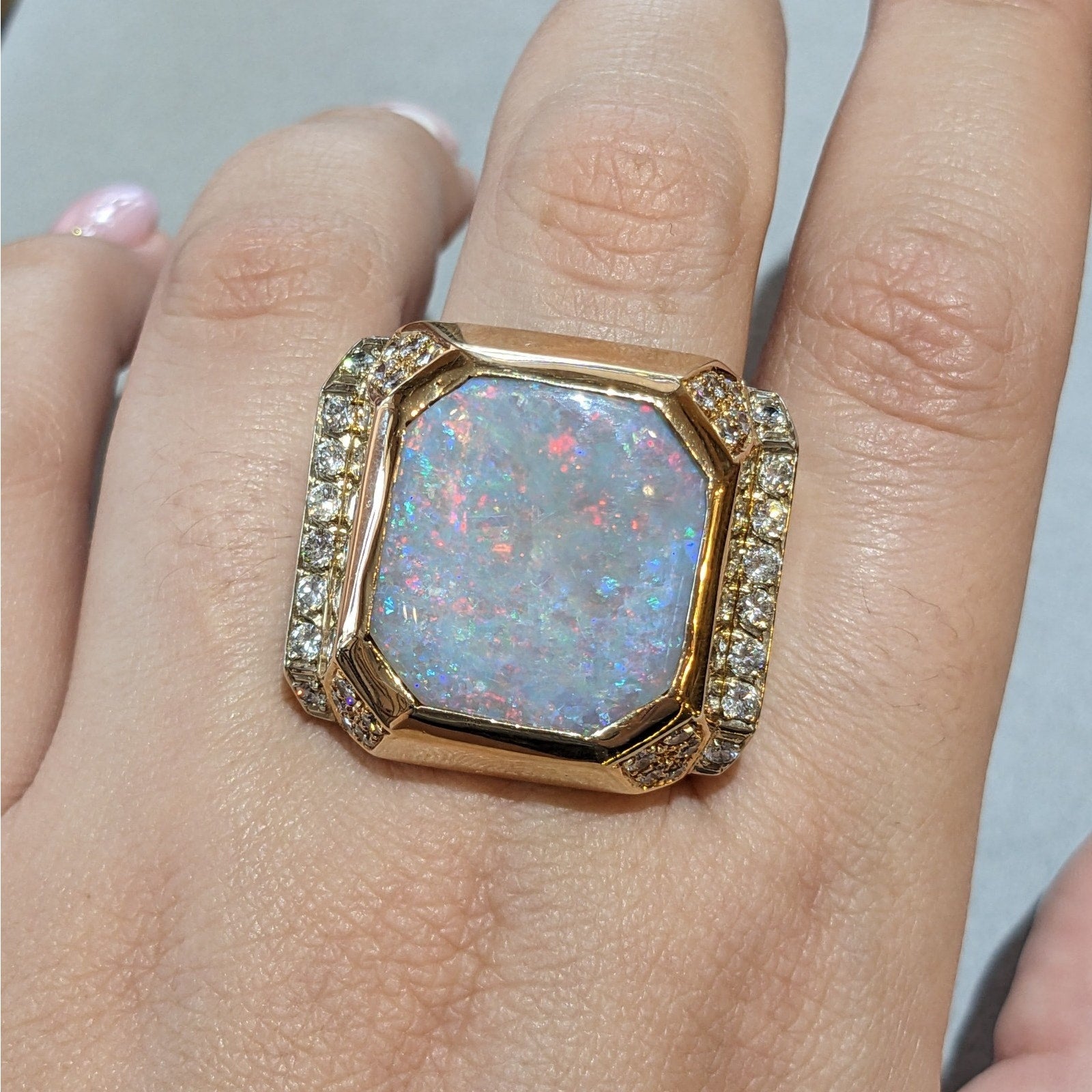 Large Natural Opal Ring with Diamonds in 14k Yellow Gold