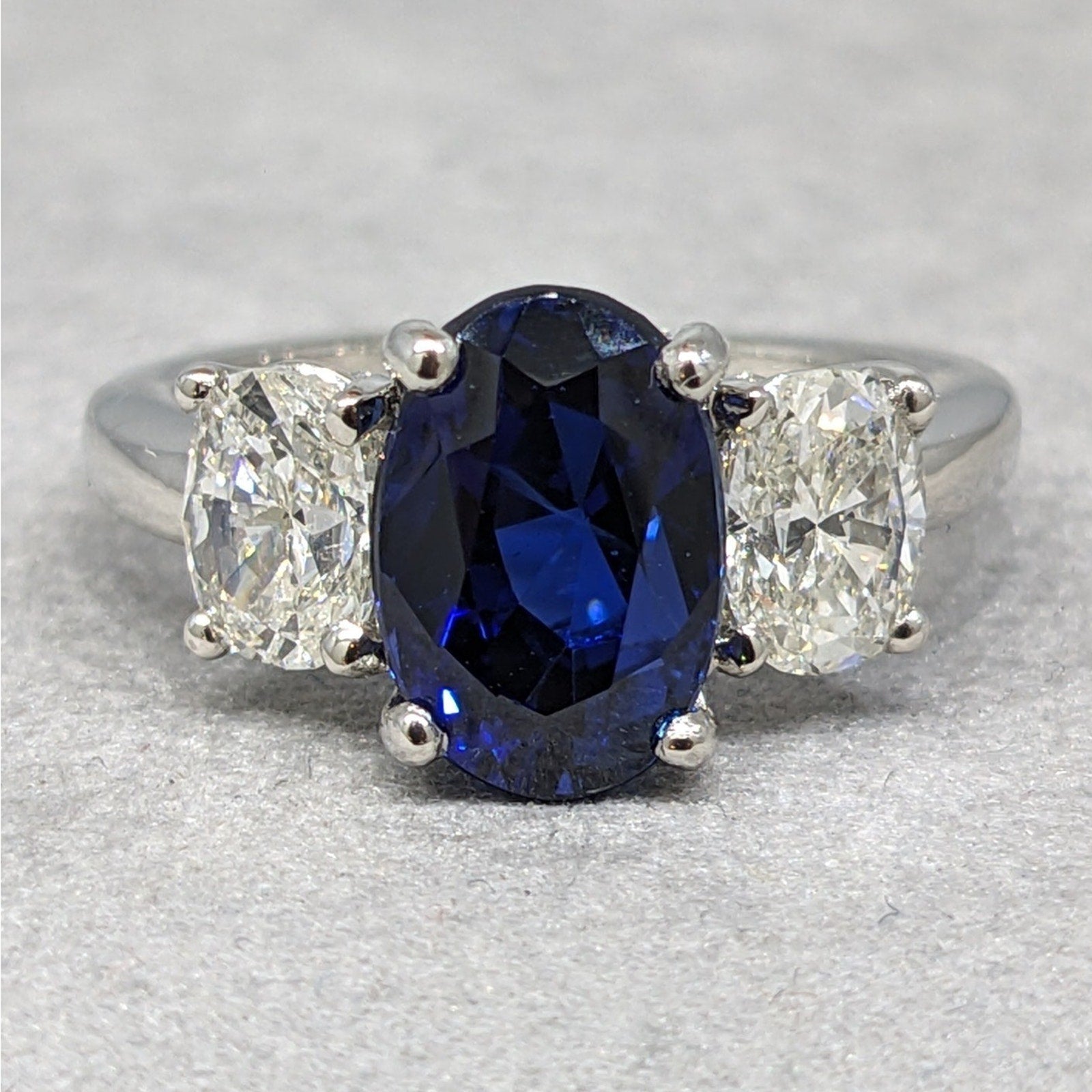 GIA Unheated Sapphire and Diamond Three Stone Ring in Platinum