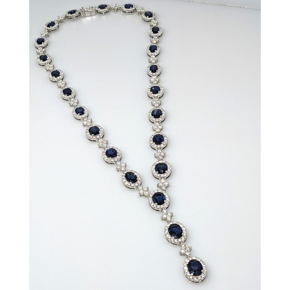 Natural Sapphire & Diamond Y-Drop Necklace in 18k White Gold
