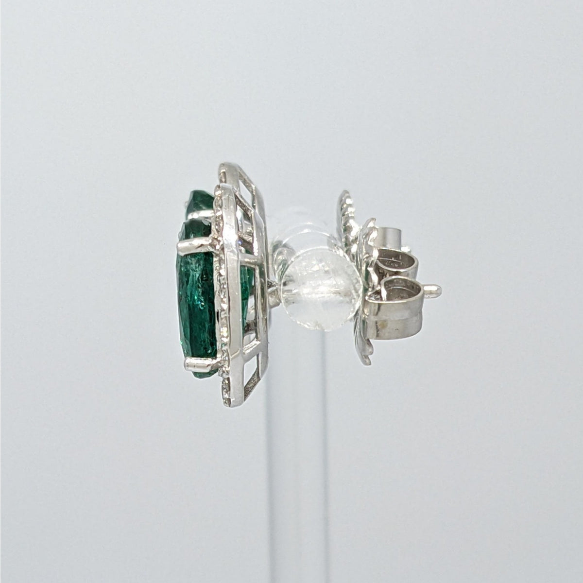 Natural Emerald Oval Stud Earrings with Diamonds in 14k White Gold