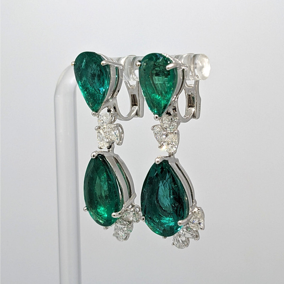 AGL Pear Emerald & Diamond Necklace Earrings Set in 18k White Gold