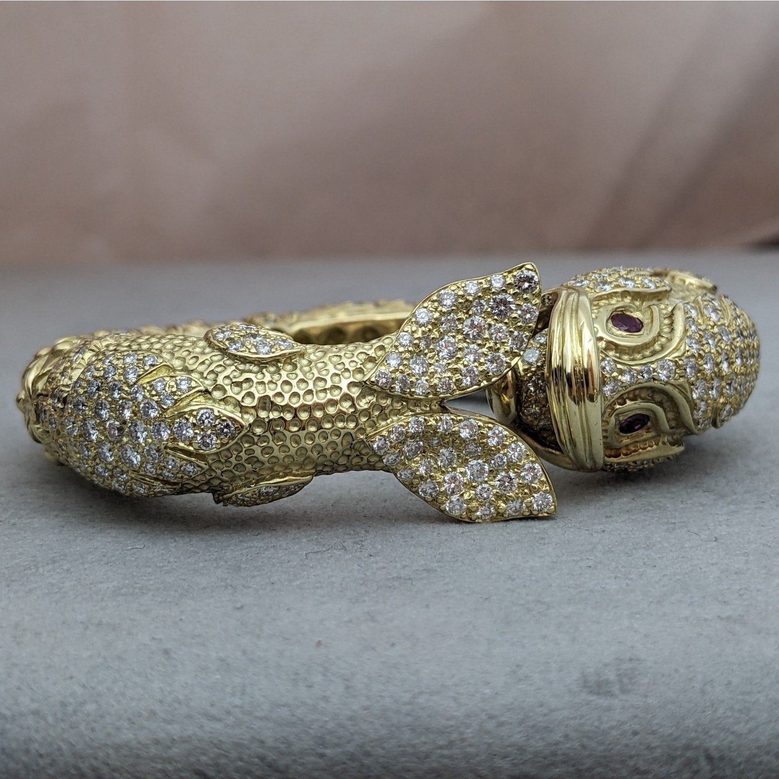 Heavy Diamond Hinged Fish Cuff Bracelet in Textured 18k Yellow Gold