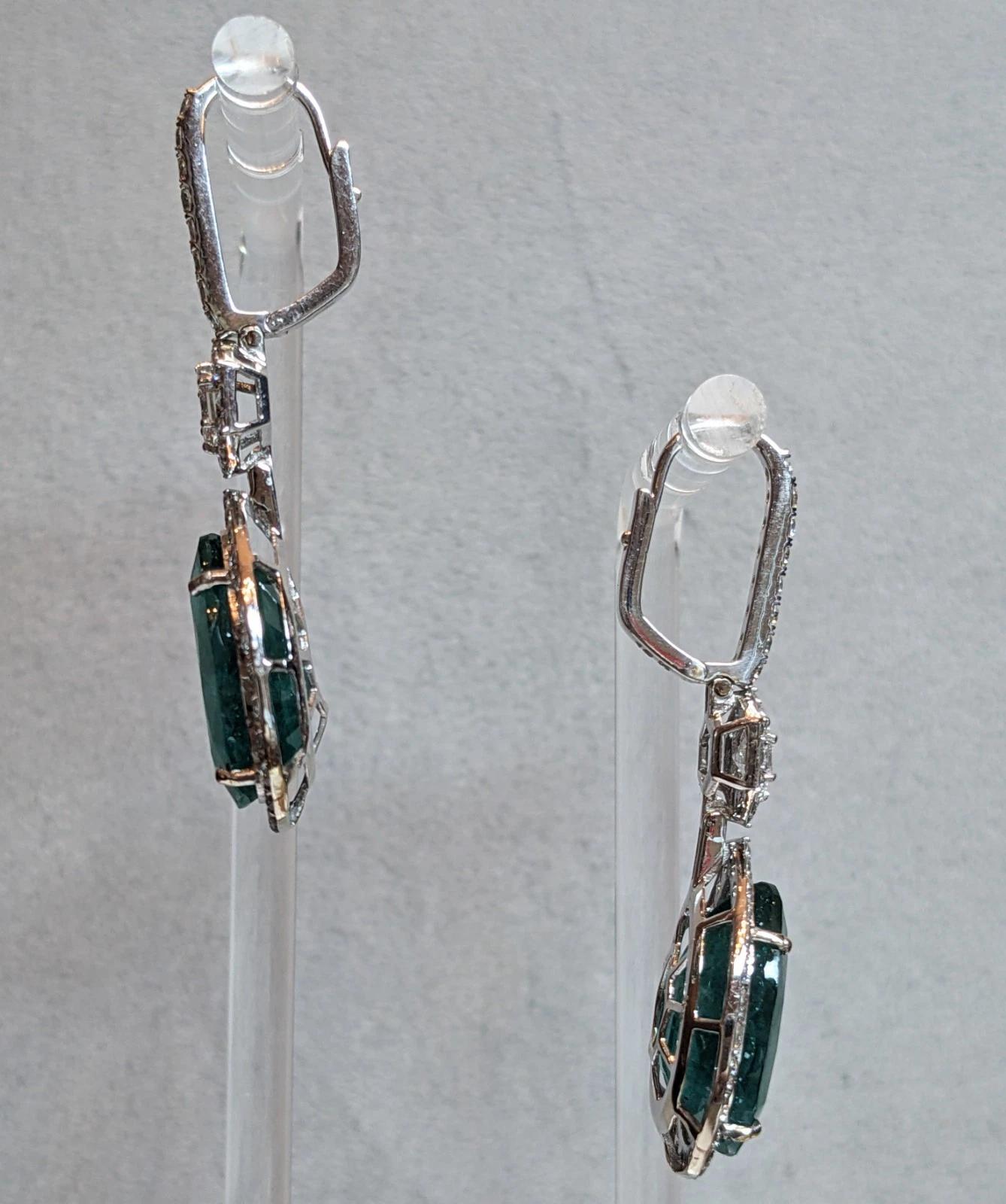 Large Pear Emerald Drop Earrings with Diamonds in 18k White Gold