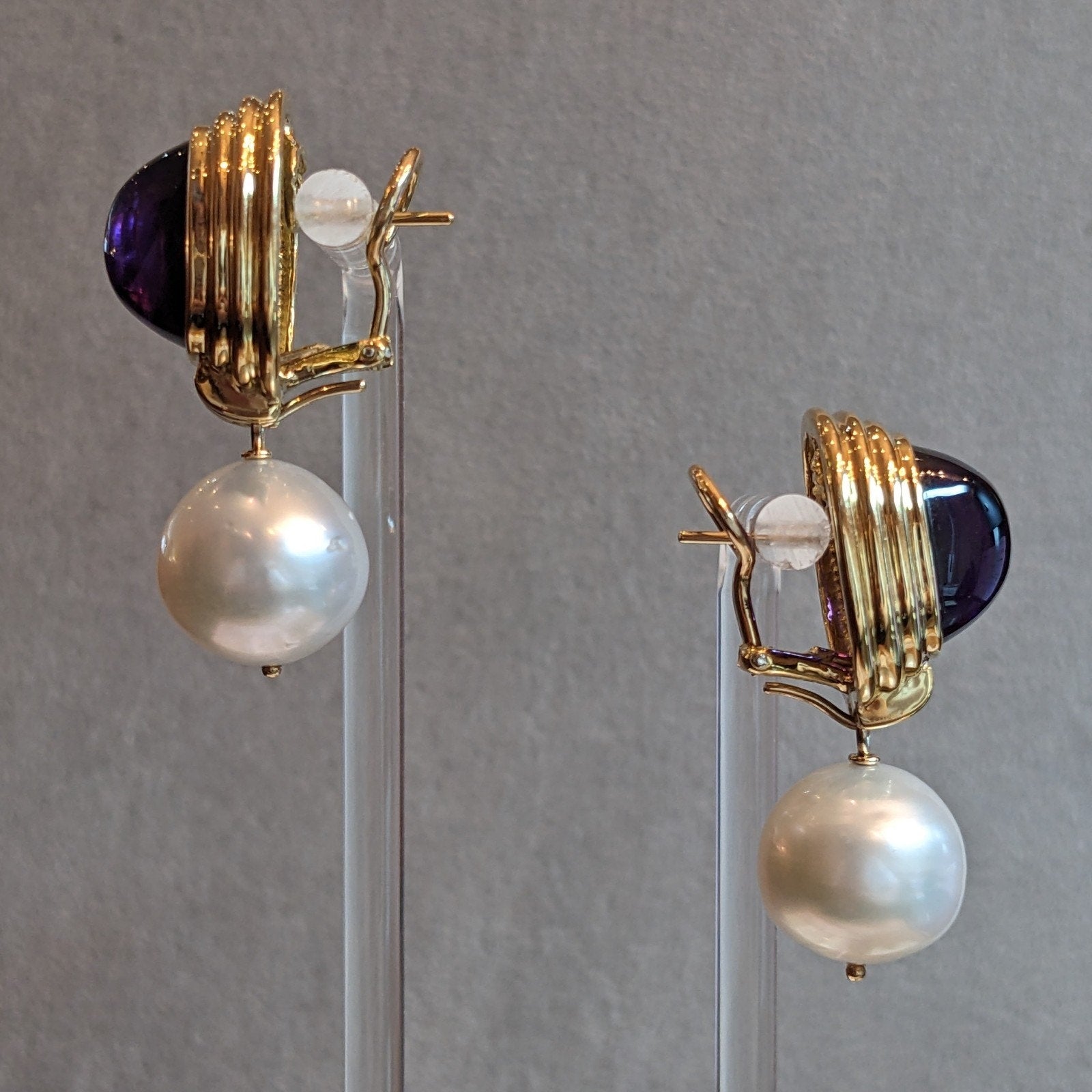 Amethyst and Pearl Dangle Drop Earrings in 18k Yellow Gold