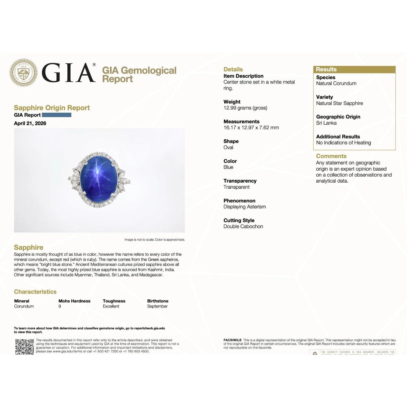 GIA 16.42 ct Natural Star Sapphire and Diamond Ring in Platinum