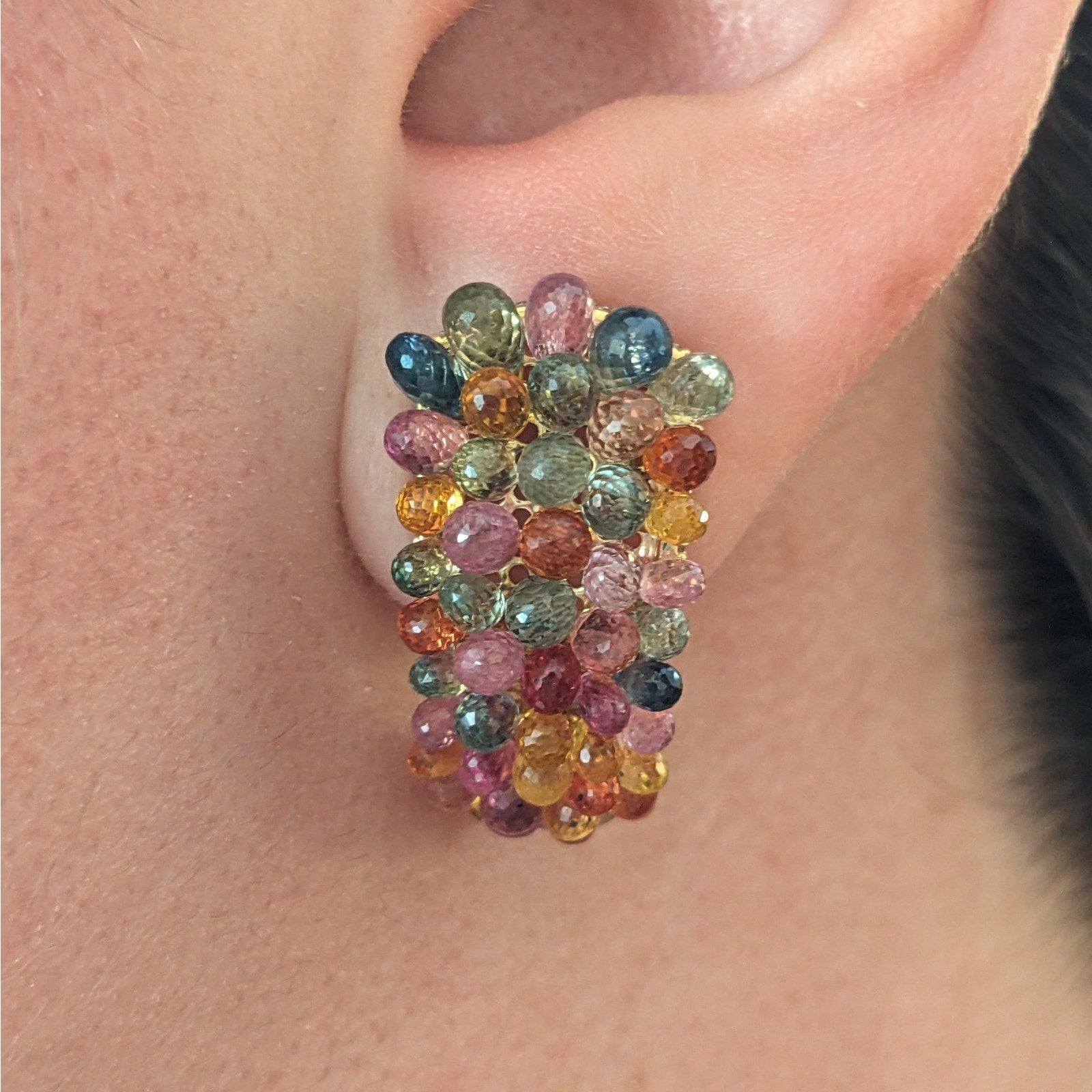 Multicolor Sapphire Briolette and Diamond Earrings in 18k Yellow Gold