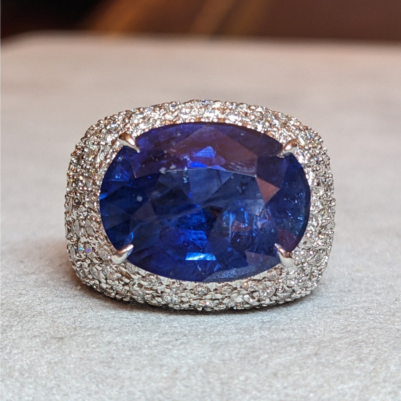 GIA 13.04 carat Oval Ceylon Sapphire & Diamond Ring in 18k White Gold
