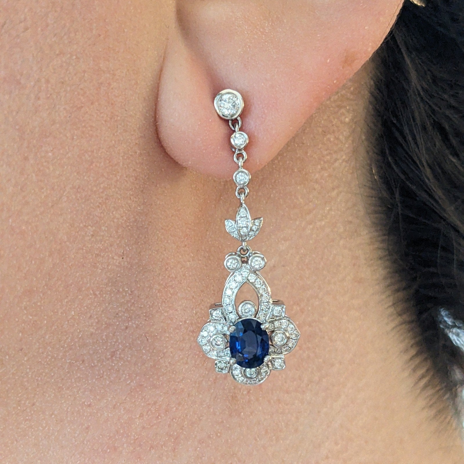 Natural Blue Sapphire and Diamond Drop Earrings in Platinum