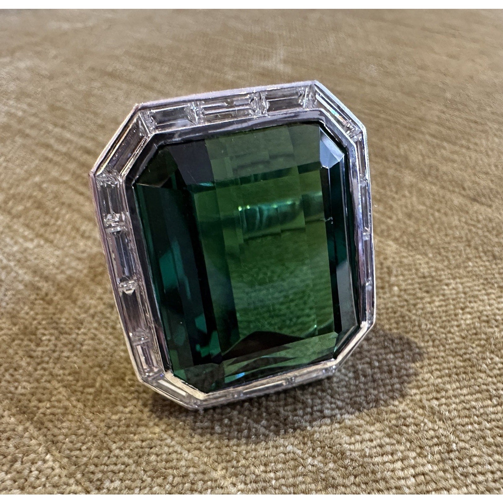 GIA 43 ct Green Tourmaline & Diamond Halo Cocktail Ring 18k White Gold