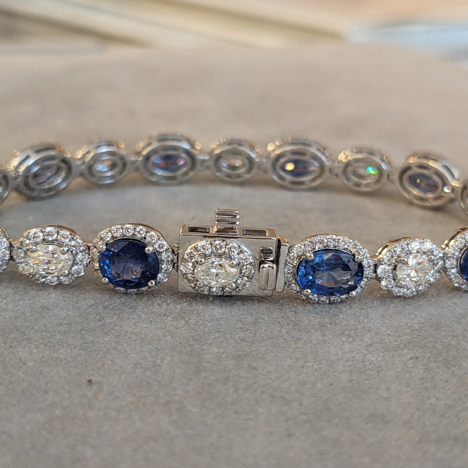 Natural Oval Sapphire and Diamond Bracelet in 14k White Gold