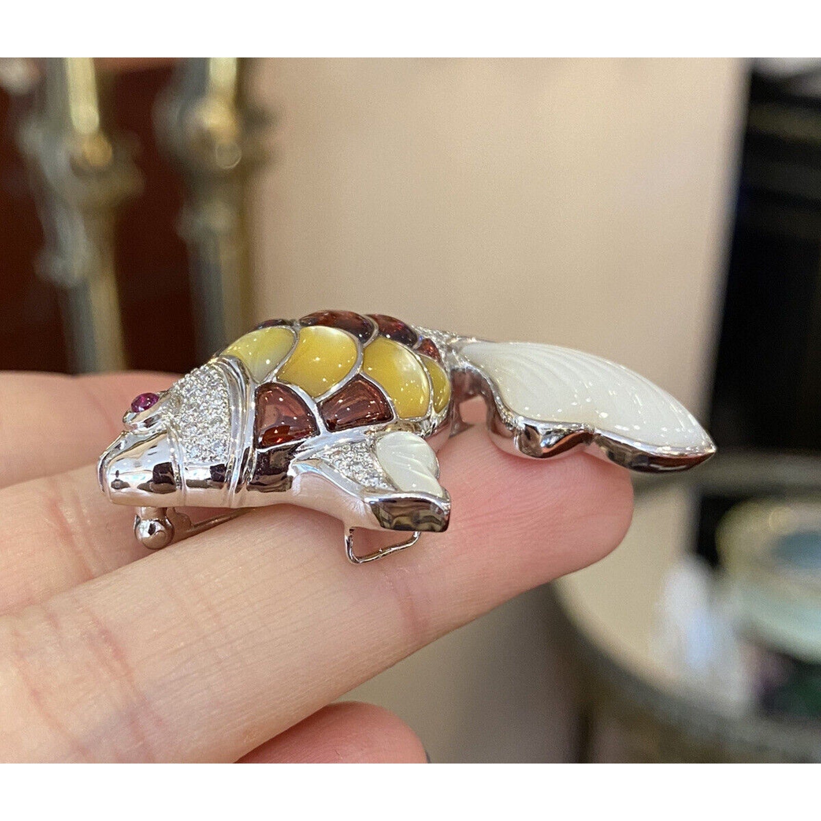Diamond, Garnet, Mother of Pearl Fish Pin/Pendant in 18k White Gold