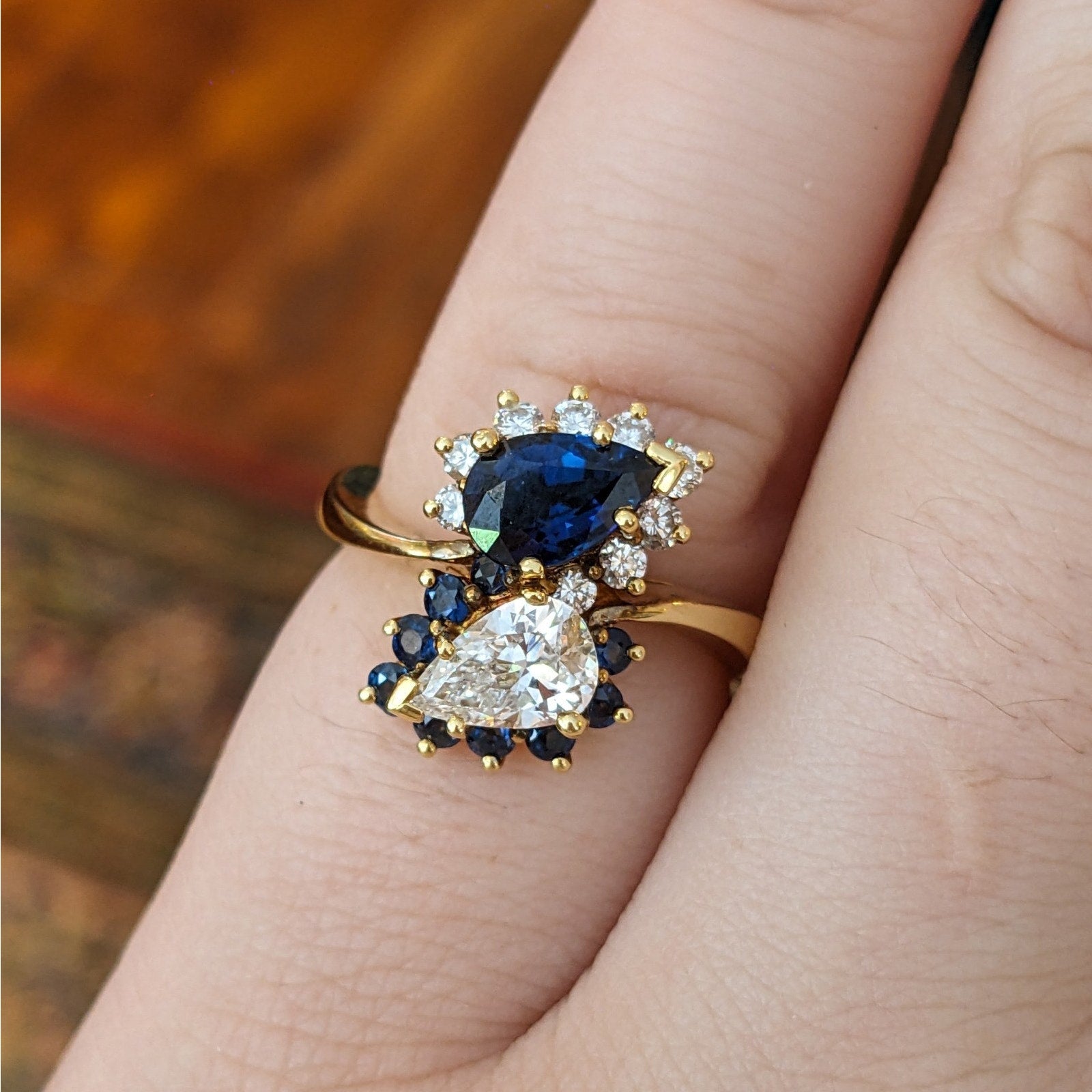 Pear Sapphire and Pear Diamond Bypass Ring in 18k Yellow Gold