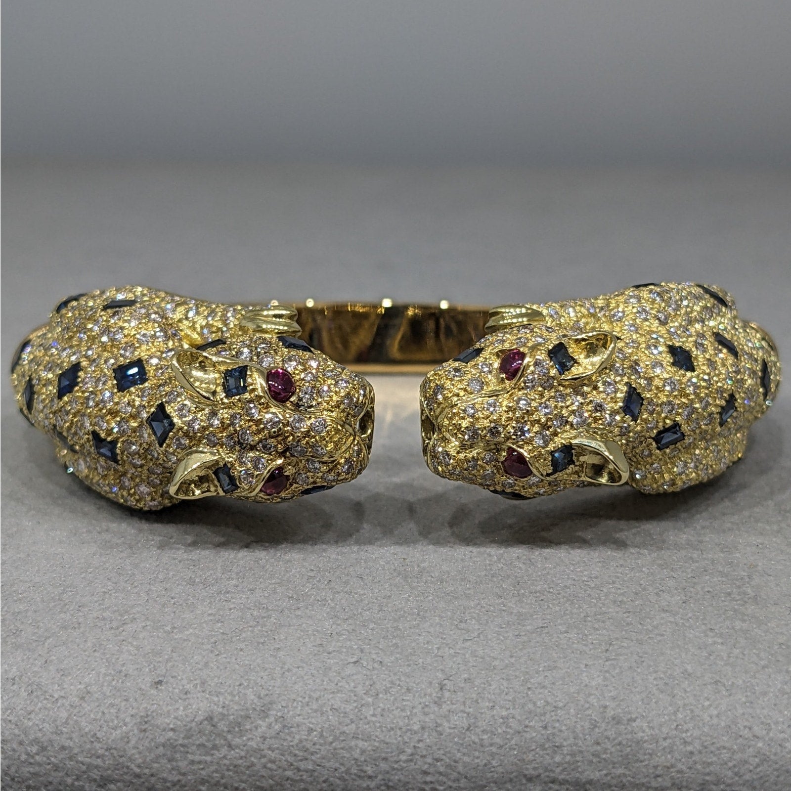 Panther Diamond and Sapphire Pave Bangle Bracelet in 18k Yellow Gold