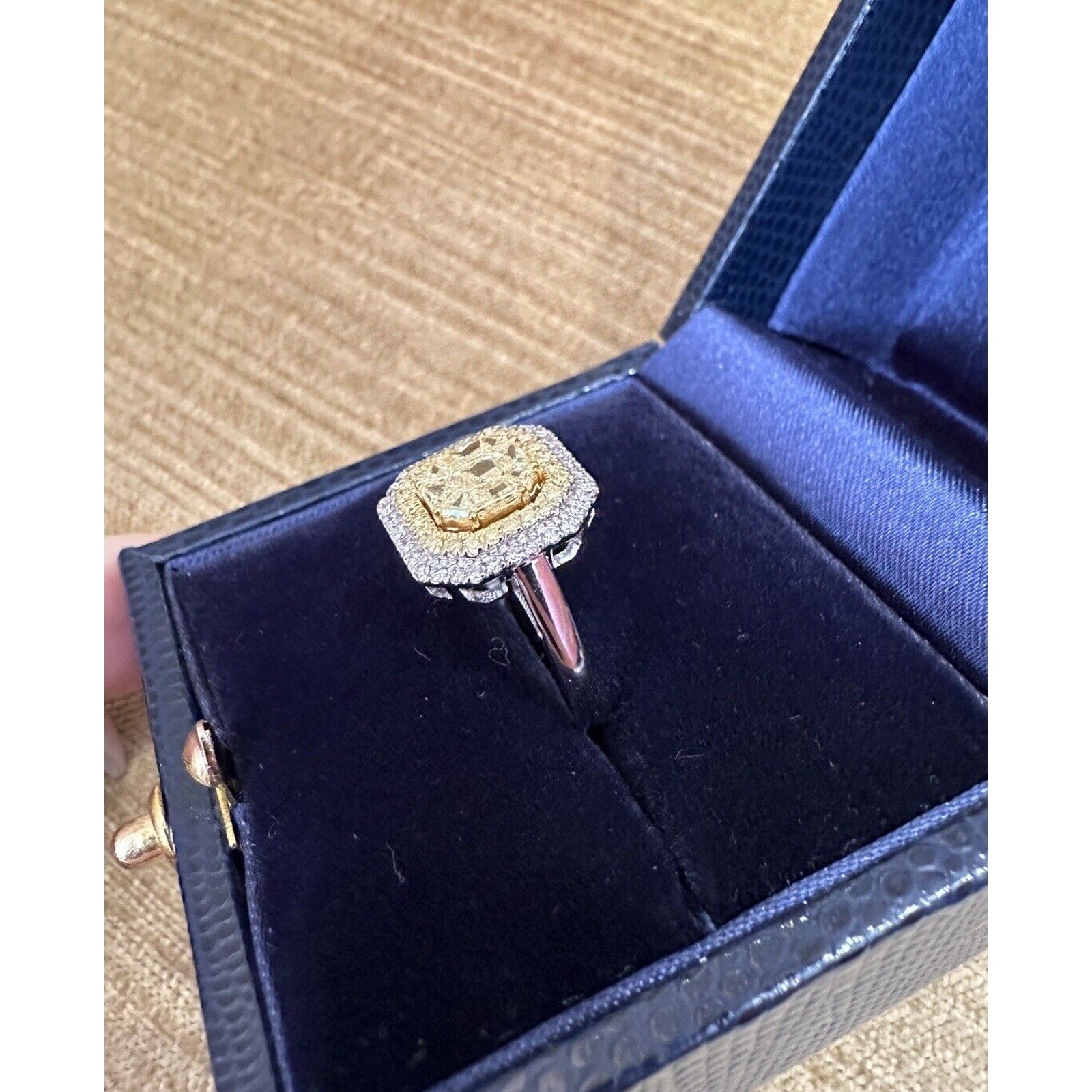 Natural Yellow and White Diamond Illusion set Ring in 18k White Gold