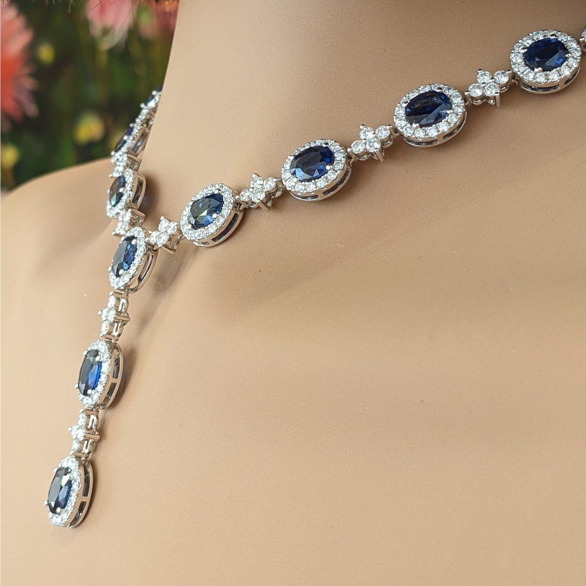 Natural Sapphire & Diamond Y-Drop Necklace in 18k White Gold