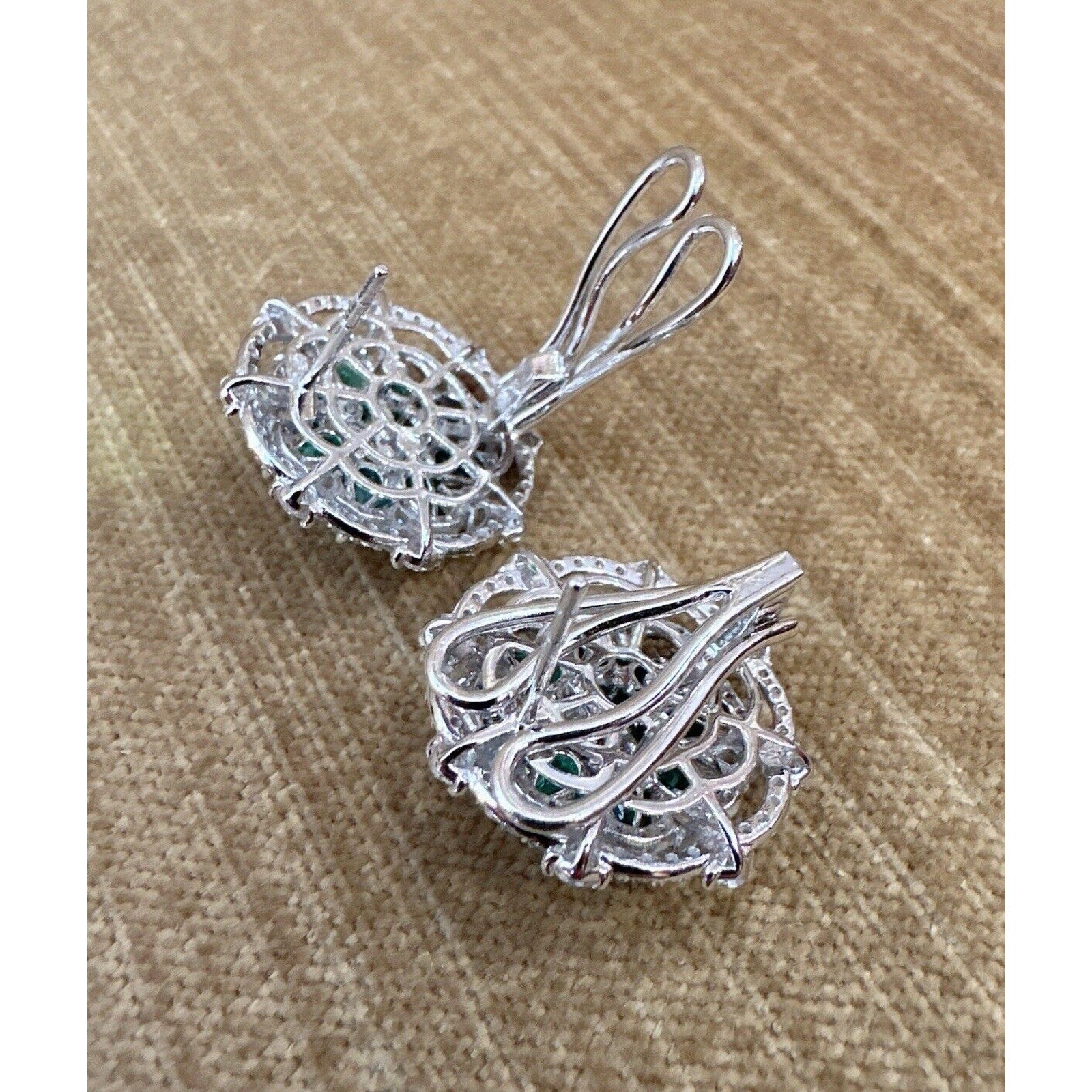 Emerald and Diamond Cluster Flower Button Earrings in 18k White Gold