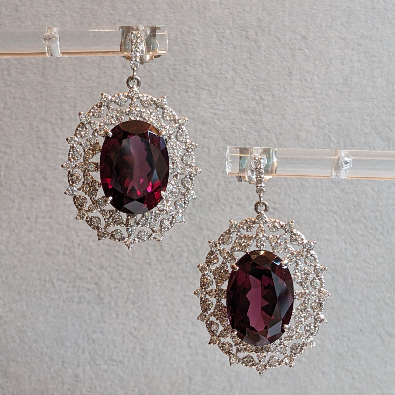 24.54 ct Oval Garnet and Diamond Dangle Earrings in Platinum