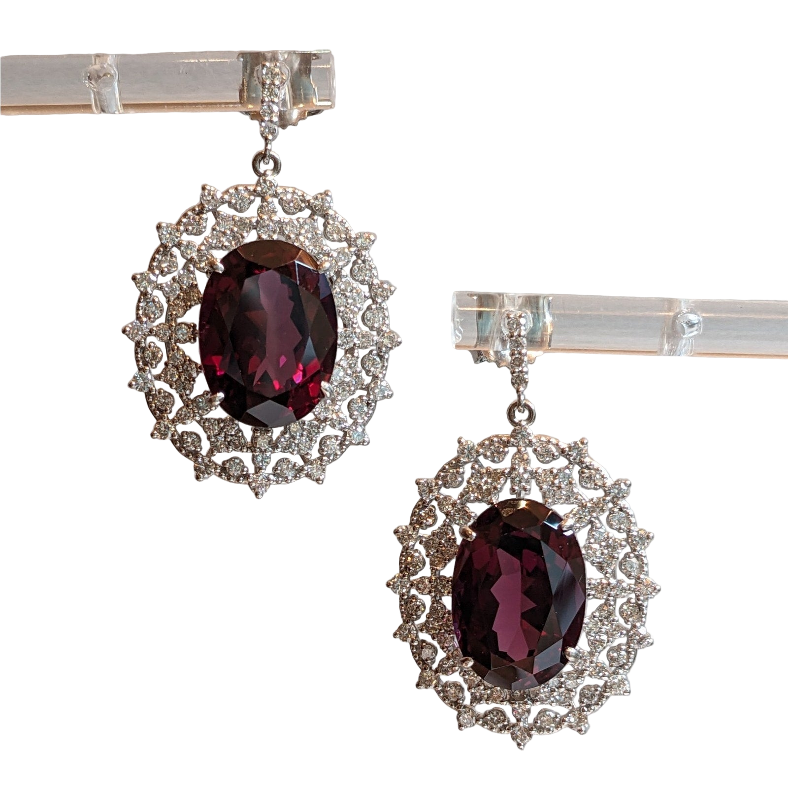 24.54 ct Oval Garnet and Diamond Dangle Earrings in Platinum