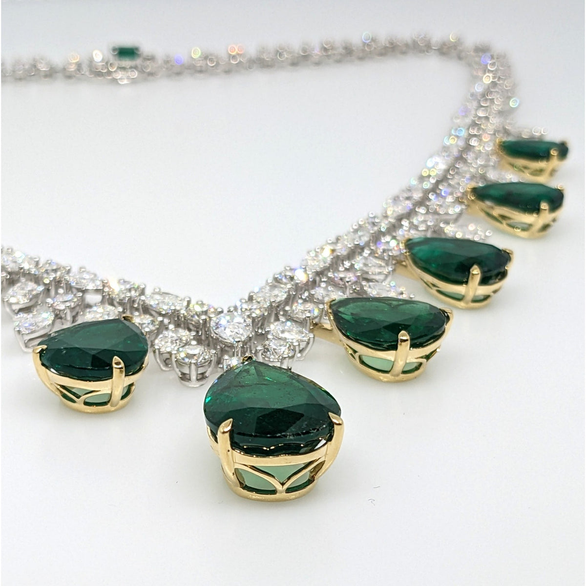 AGL Emerald & Diamond Fringe Bib Statement Necklace in 18k White Gold