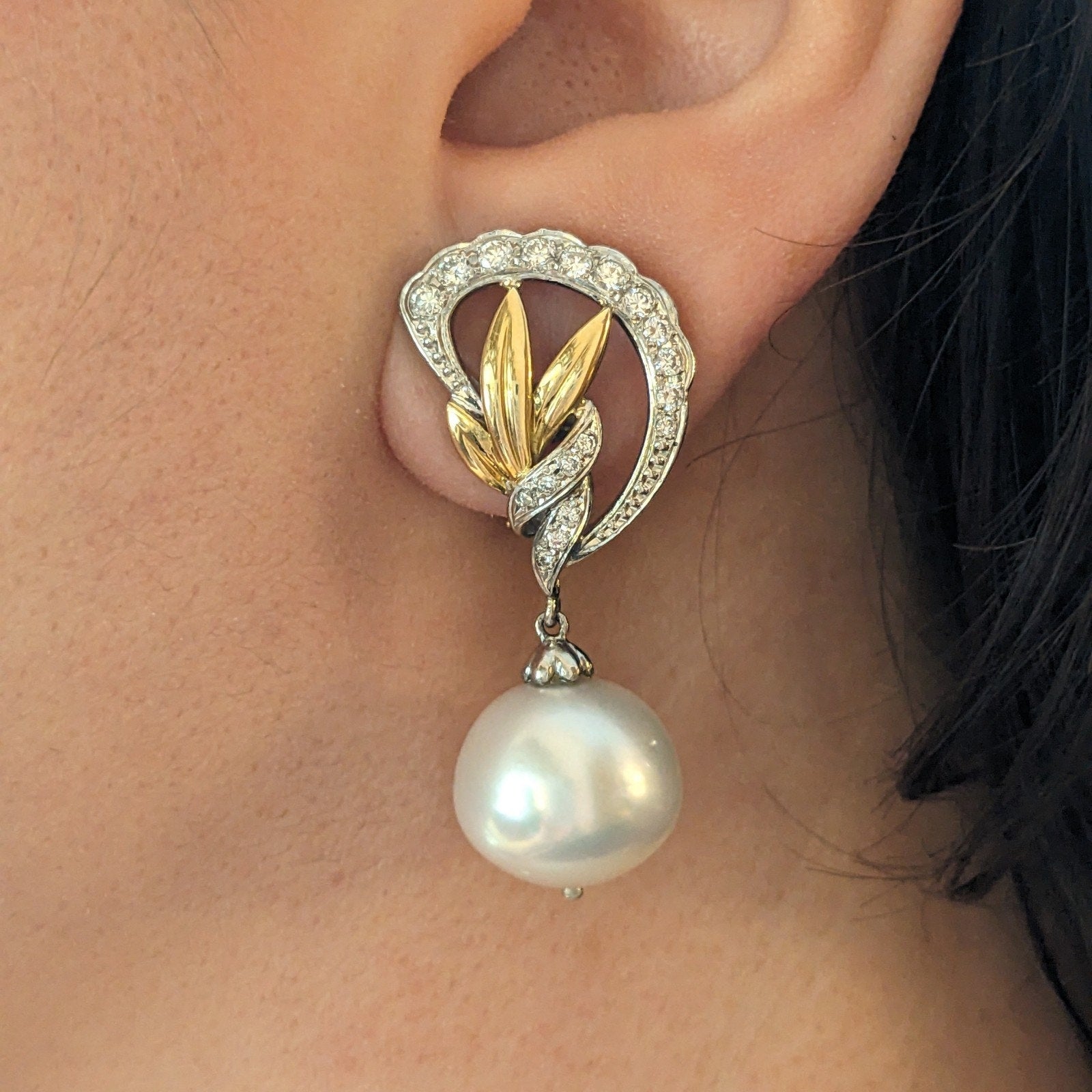 South Sea Pearl and Diamond Dangle Earrings in Gold and Platinum