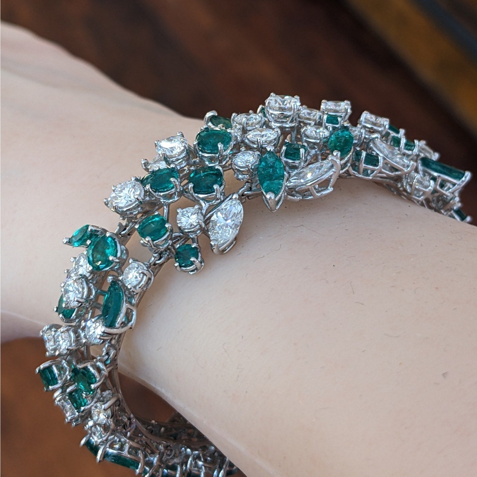 Round and Marquise Diamond and Emerald Cluster Bracelet in Platinum & 14k