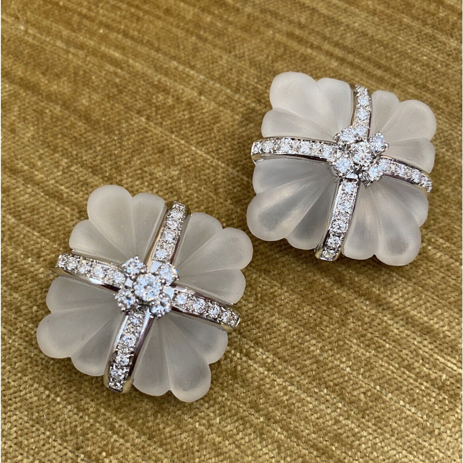 Large Carved Rock Crystal & Diamond Button Earrings in 18k White Gold- HM2401AA