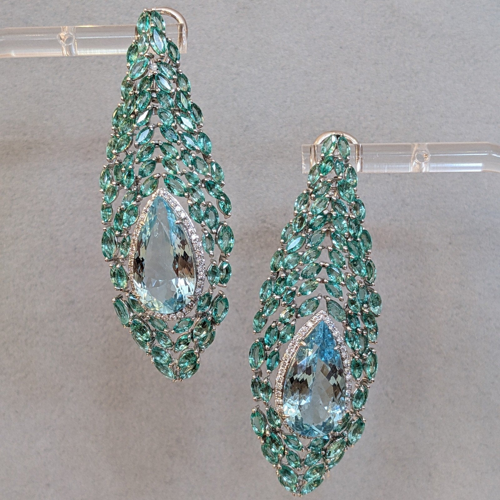 Aquamarine, Emerald and Diamond Peacock Earrings in 18k White Gold
