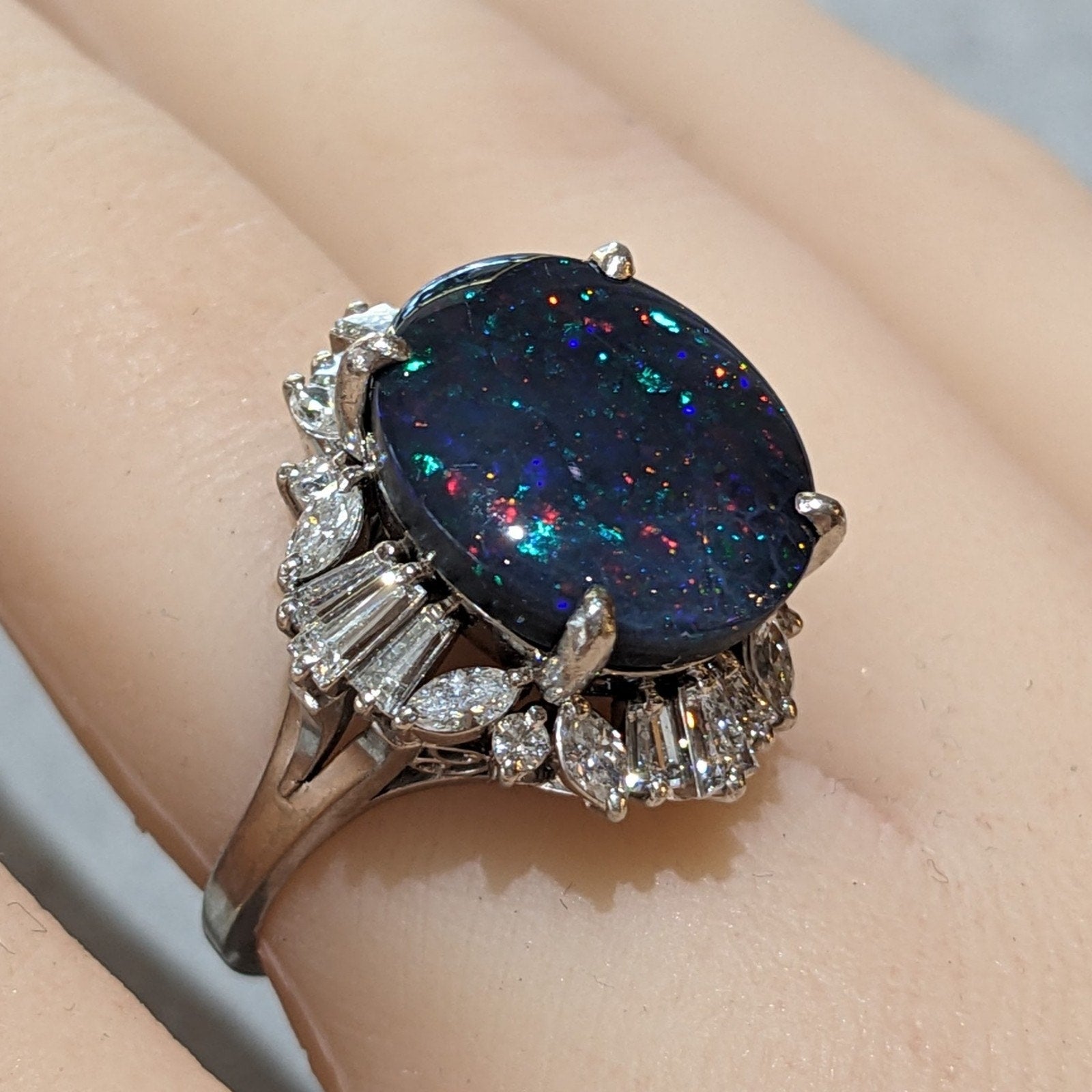 Natural 6.67 ct Black Opal & Diamond Ring in Platinum