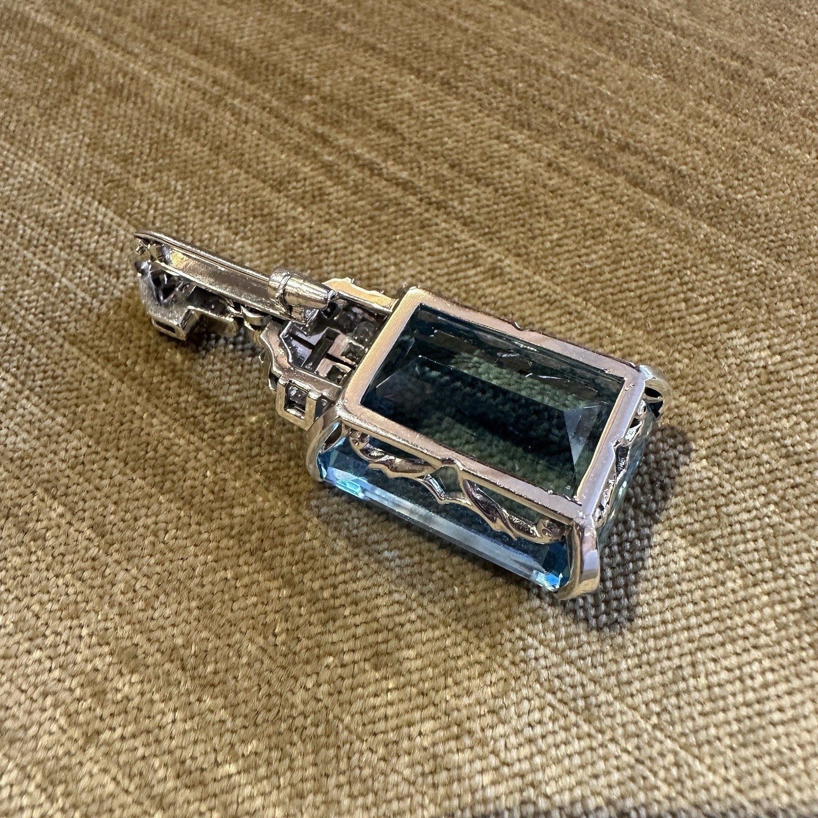 GIA 45 ct Aquamarine Santa Maria Blue & Diamond Art Deco Brooch Platinum