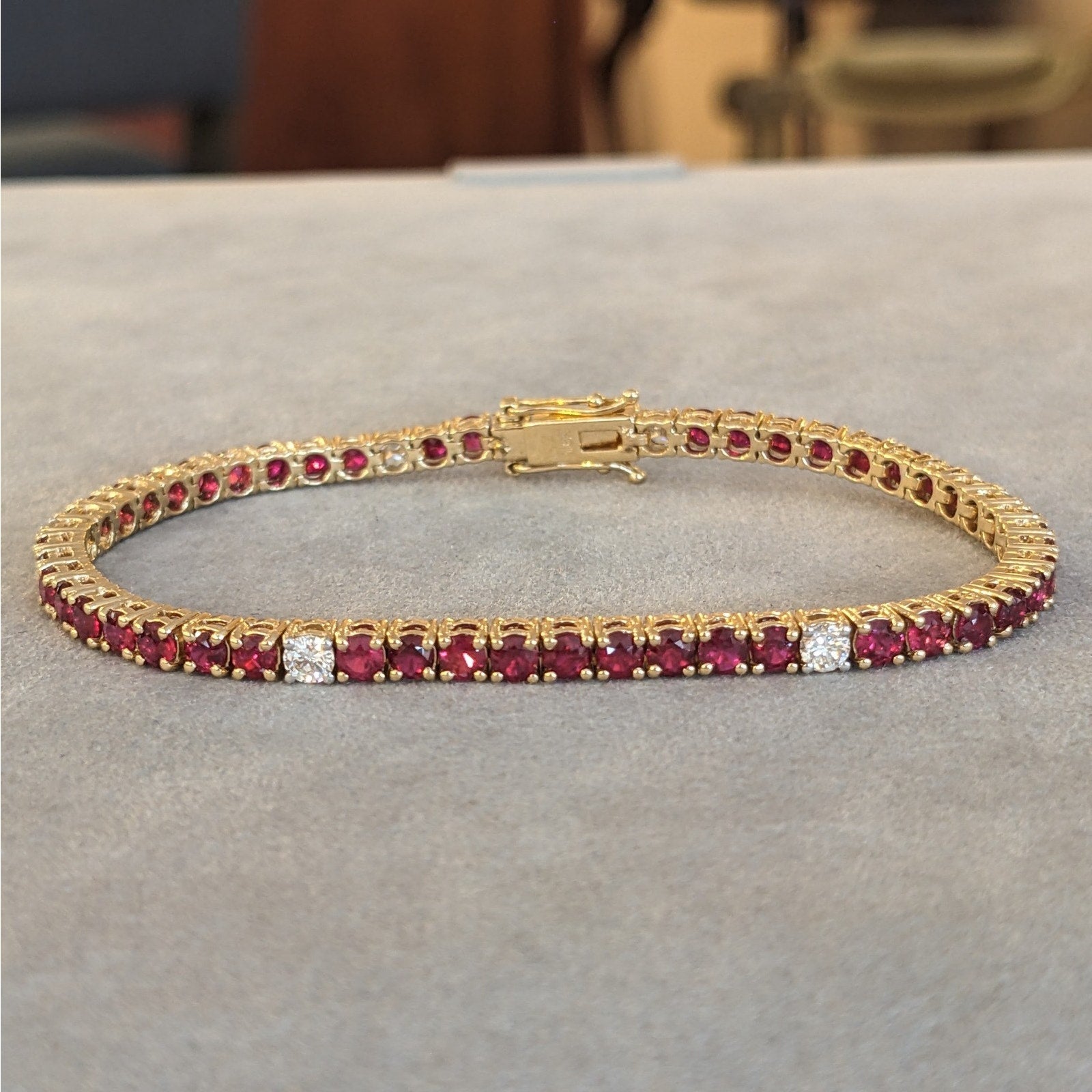 Unheated Natural Ruby & Diamond Tennis Line Bracelet in 18k Yellow Gold