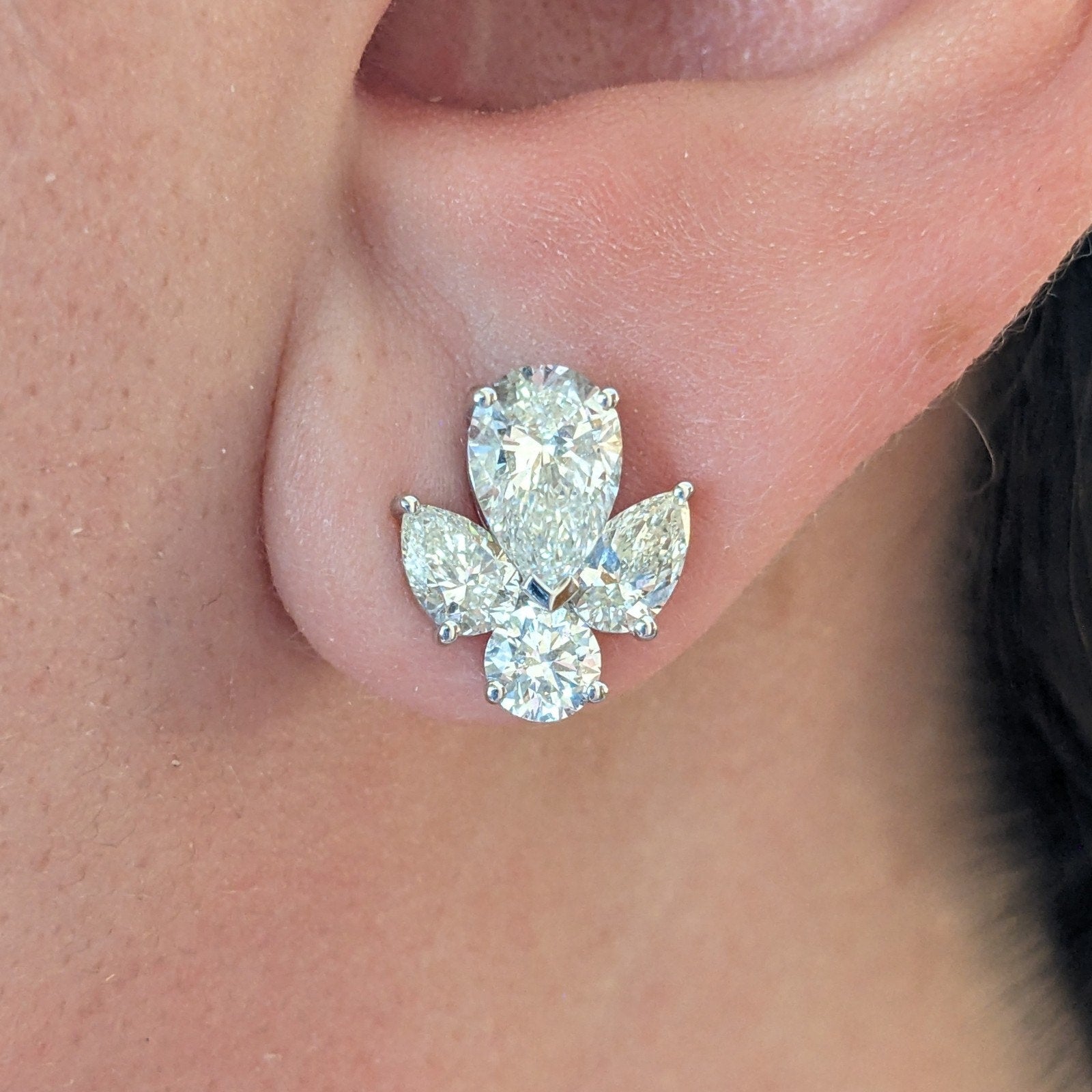 GIA Round & Pear Diamond Cluster Earrings 3.83 ctw in 18k White Gold